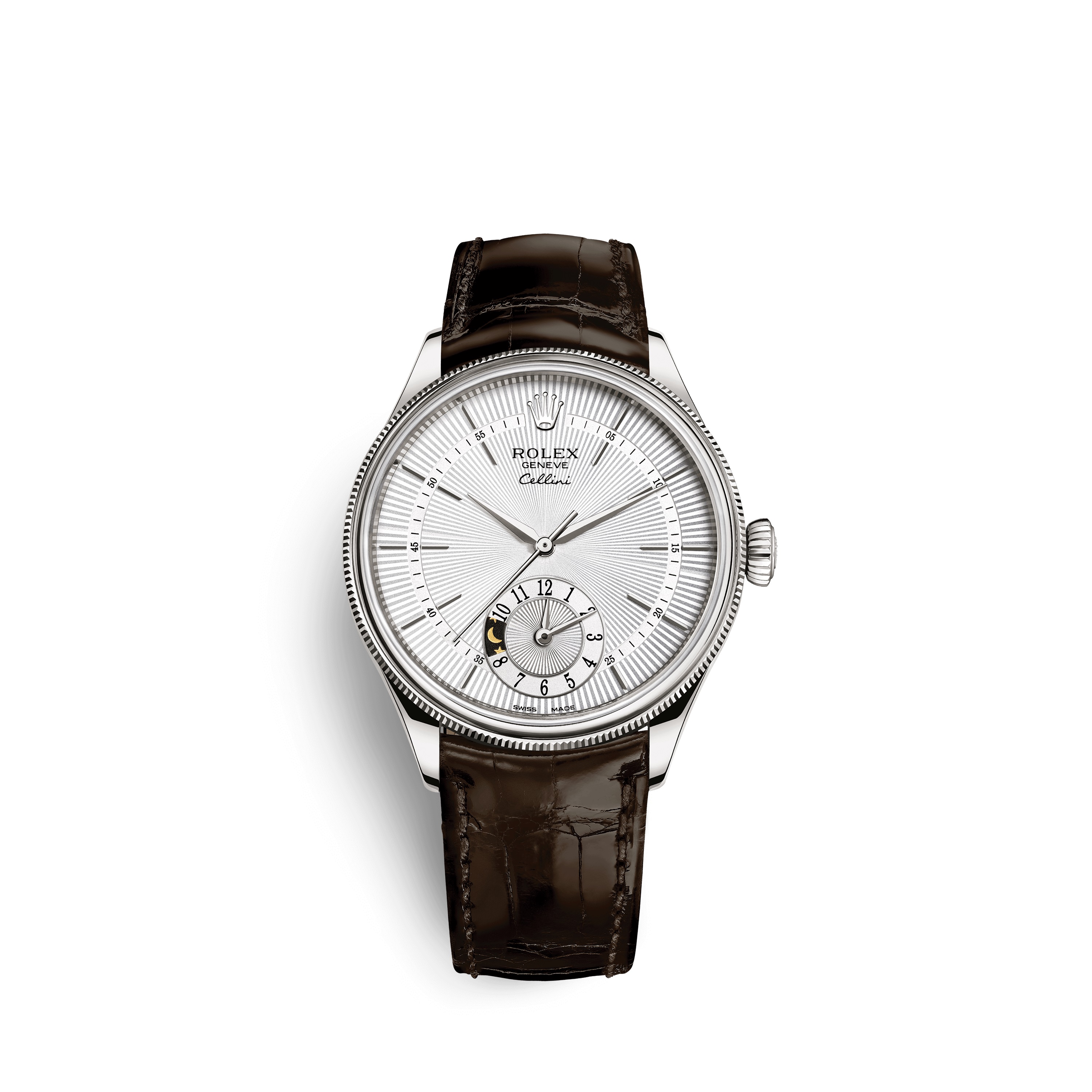 Cellini Dual Time 50529 White Gold Watch (Silver Guilloche)
