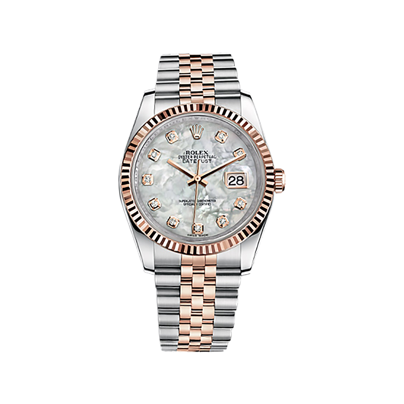 Datejust 36 116231 Rose Gold & Stainless Steel Watch (White Mother-of-Pearl Set with Diamonds) - Click Image to Close