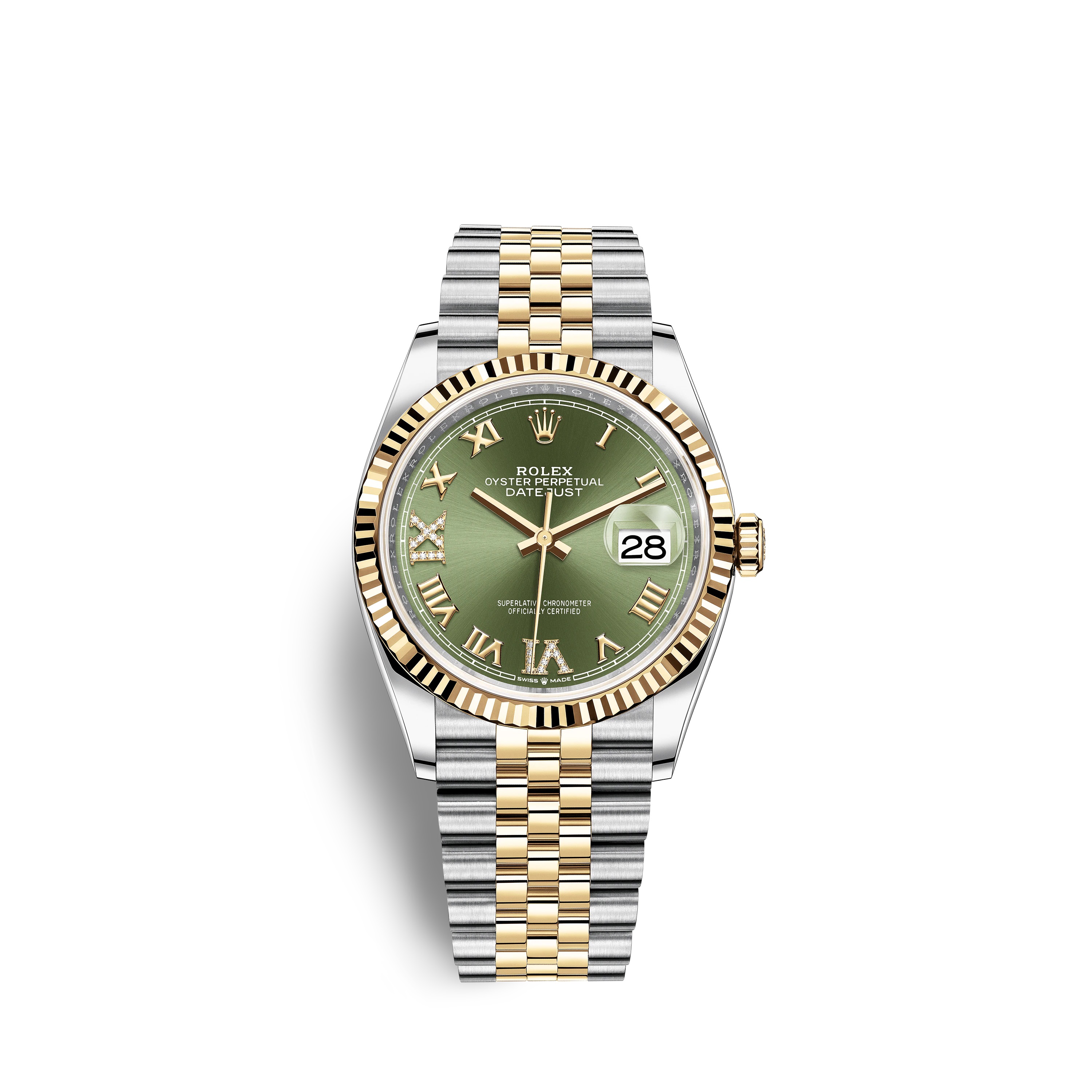 Datejust 36 126233 Gold & Stainless Steel Watch (Olive Green Set with Diamonds) - Click Image to Close