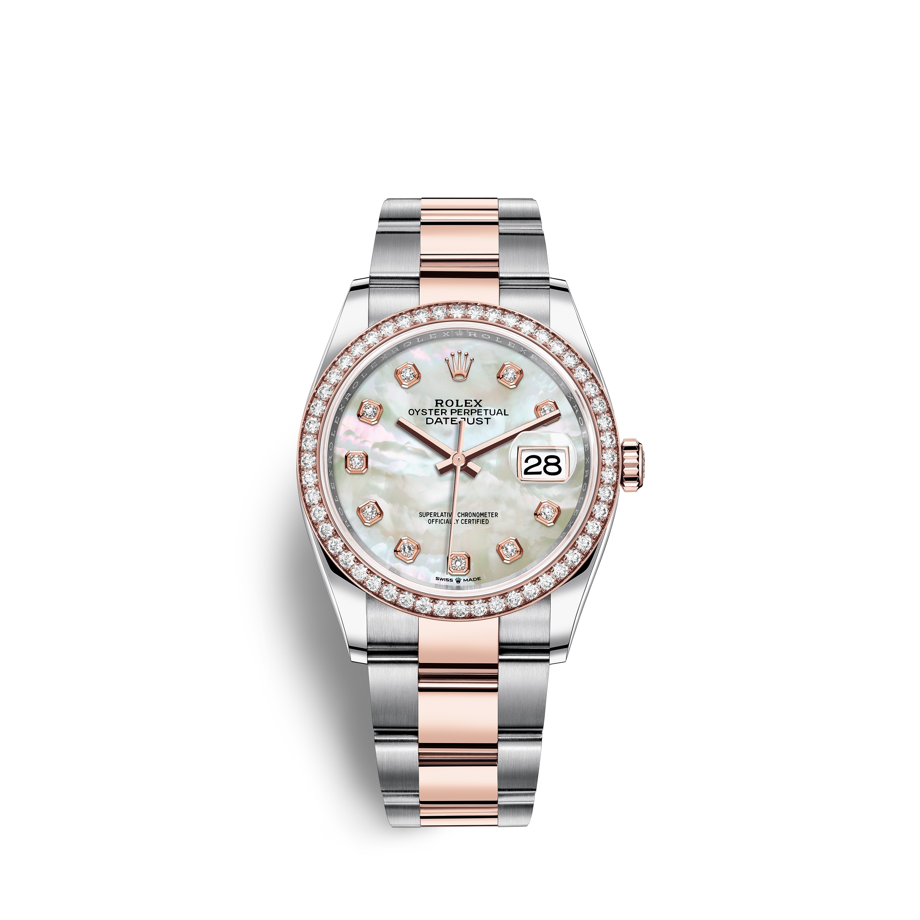 Datejust 36 126281RBR Rose Gold & Stainless Steel Watch (White Mother-of-Pearl Set with Diamonds)