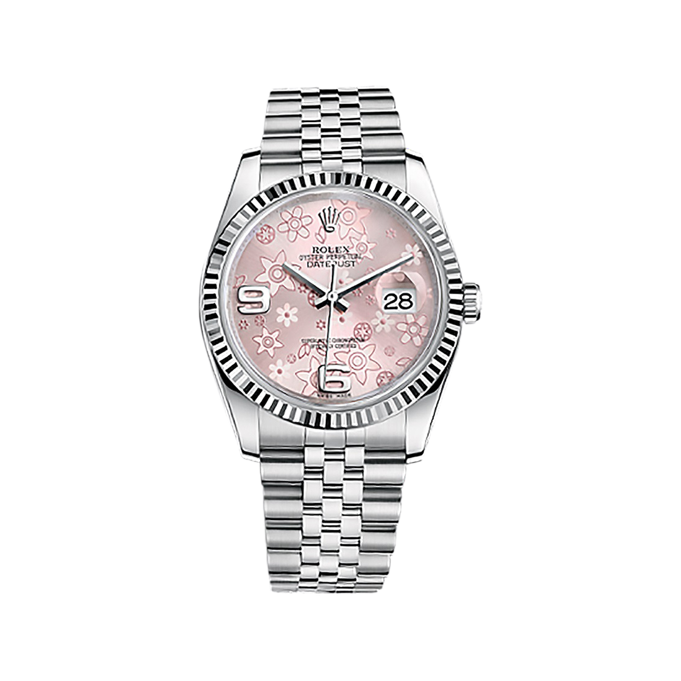 Datejust 36 116234 White Gold & Stainless Steel Watch (Pink Floral Motif) - Click Image to Close