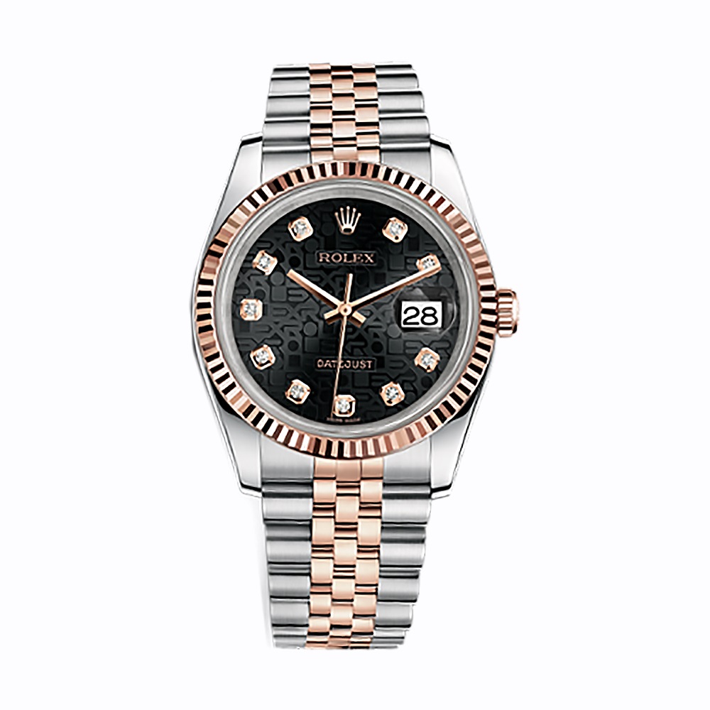 Datejust 36 116231 Rose Gold & Stainless Steel Watch (Black Jubilee Design Set with Diamonds) - Click Image to Close