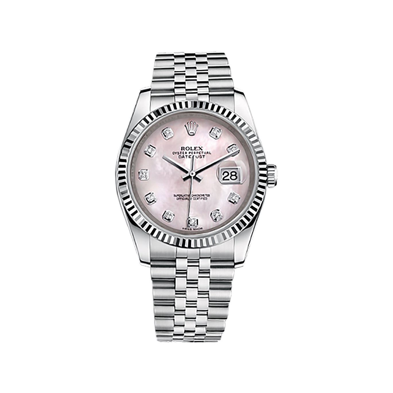 Datejust 36 116234 White Gold & Stainless Steel Watch (Pink Mother-of-Pearl Set with Diamonds) - Click Image to Close