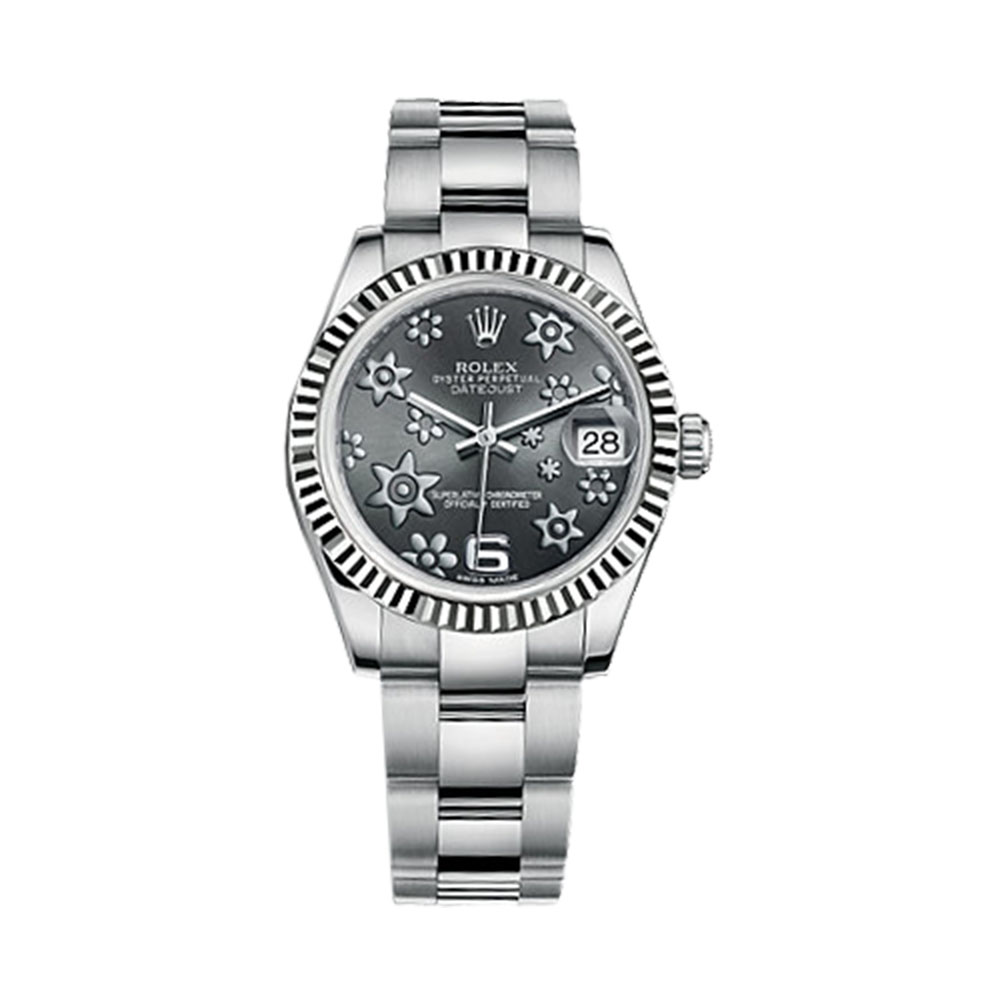 Datejust 31 178274 White Gold & Stainless Steel Watch (Dark Rhodium, Raised Floral Motif) - Click Image to Close