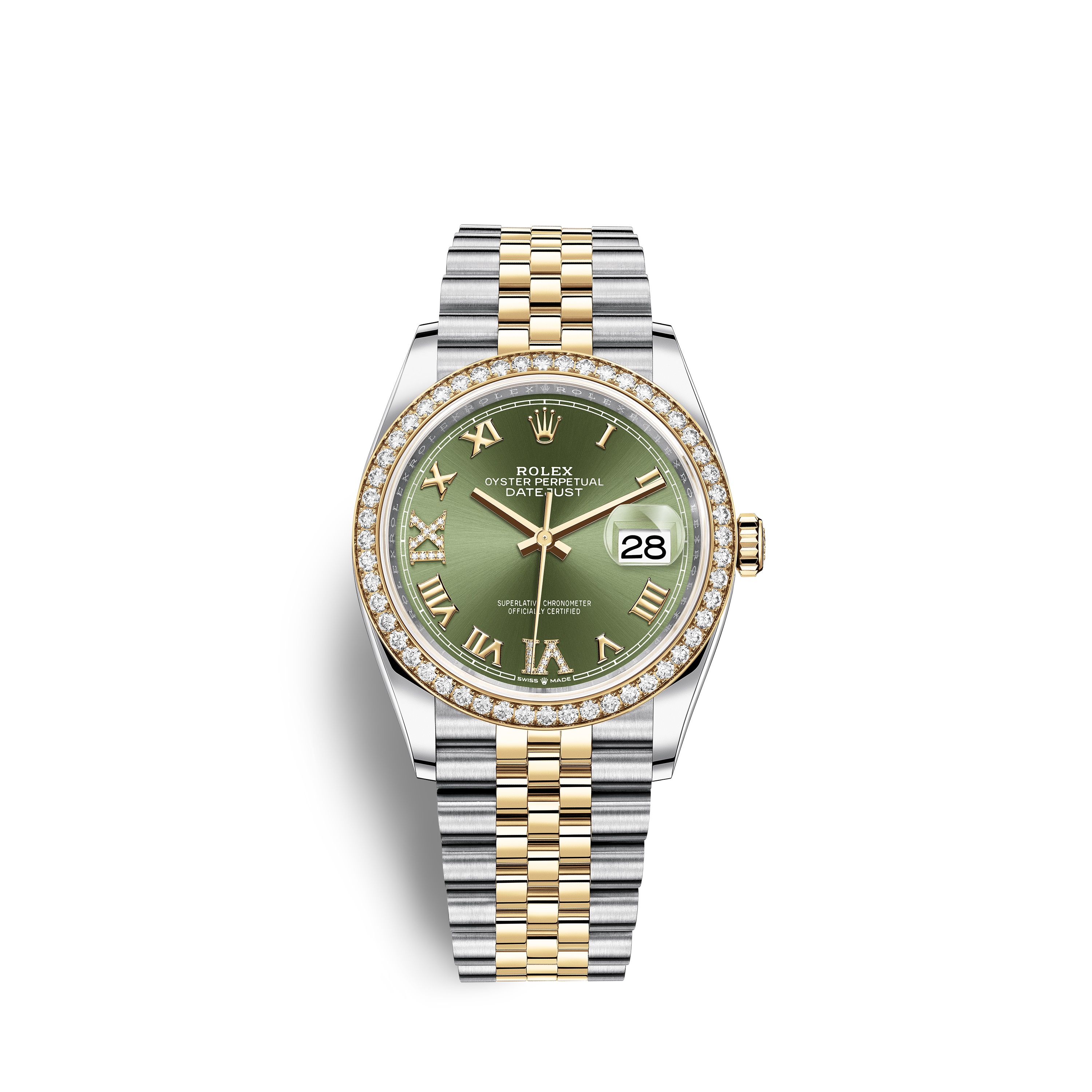 Datejust 36 126283RBR Gold & Stainless Steel Watch (Olive Green Set with Diamonds) - Click Image to Close