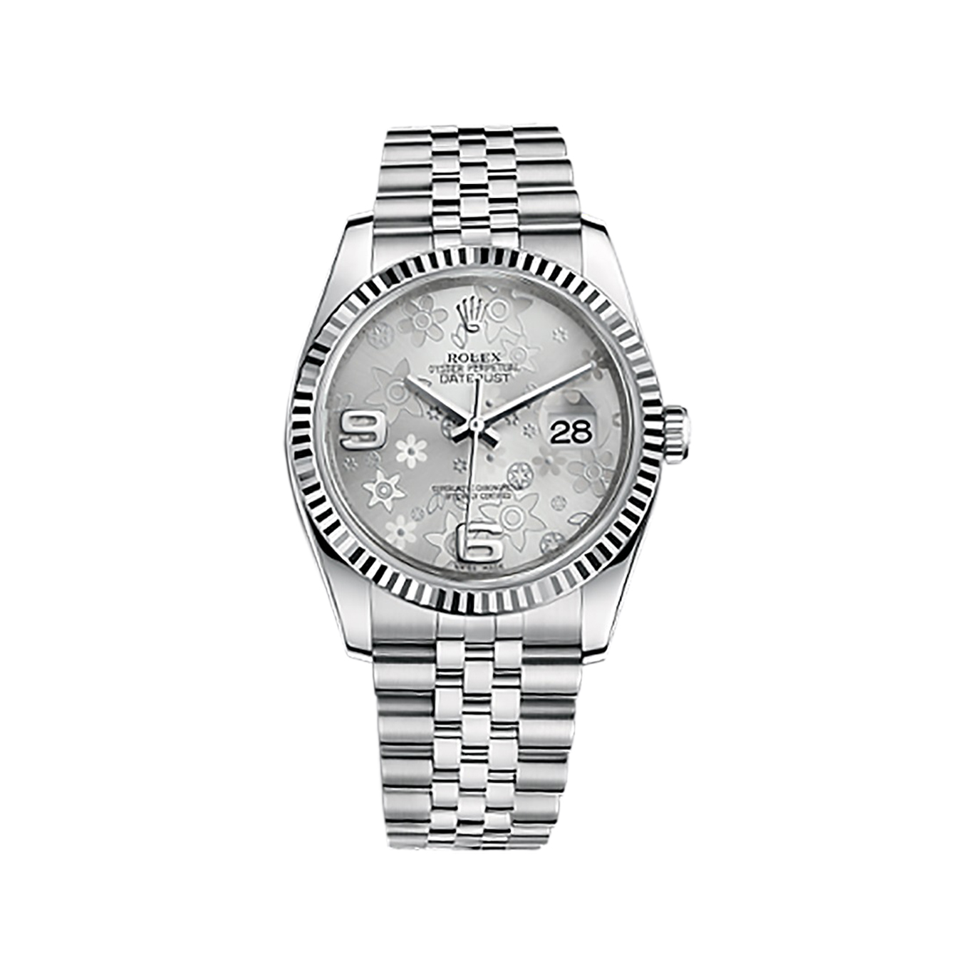 Datejust 36 116234 White Gold & Stainless Steel Watch (Silver Floral Motif)