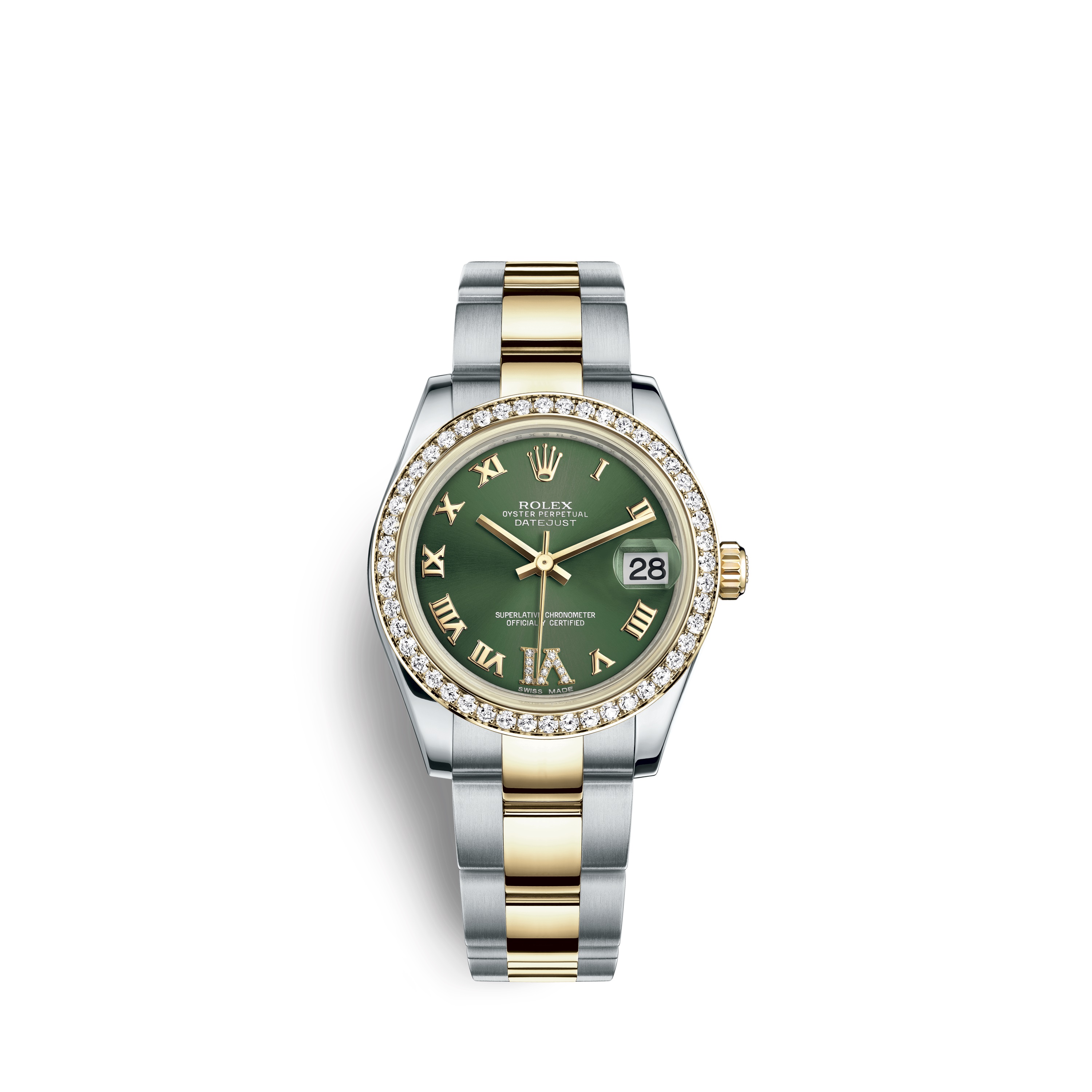 Datejust 31 178383 Gold and Stainless Steel Watch (Olive Green Set with Diamonds) - Click Image to Close