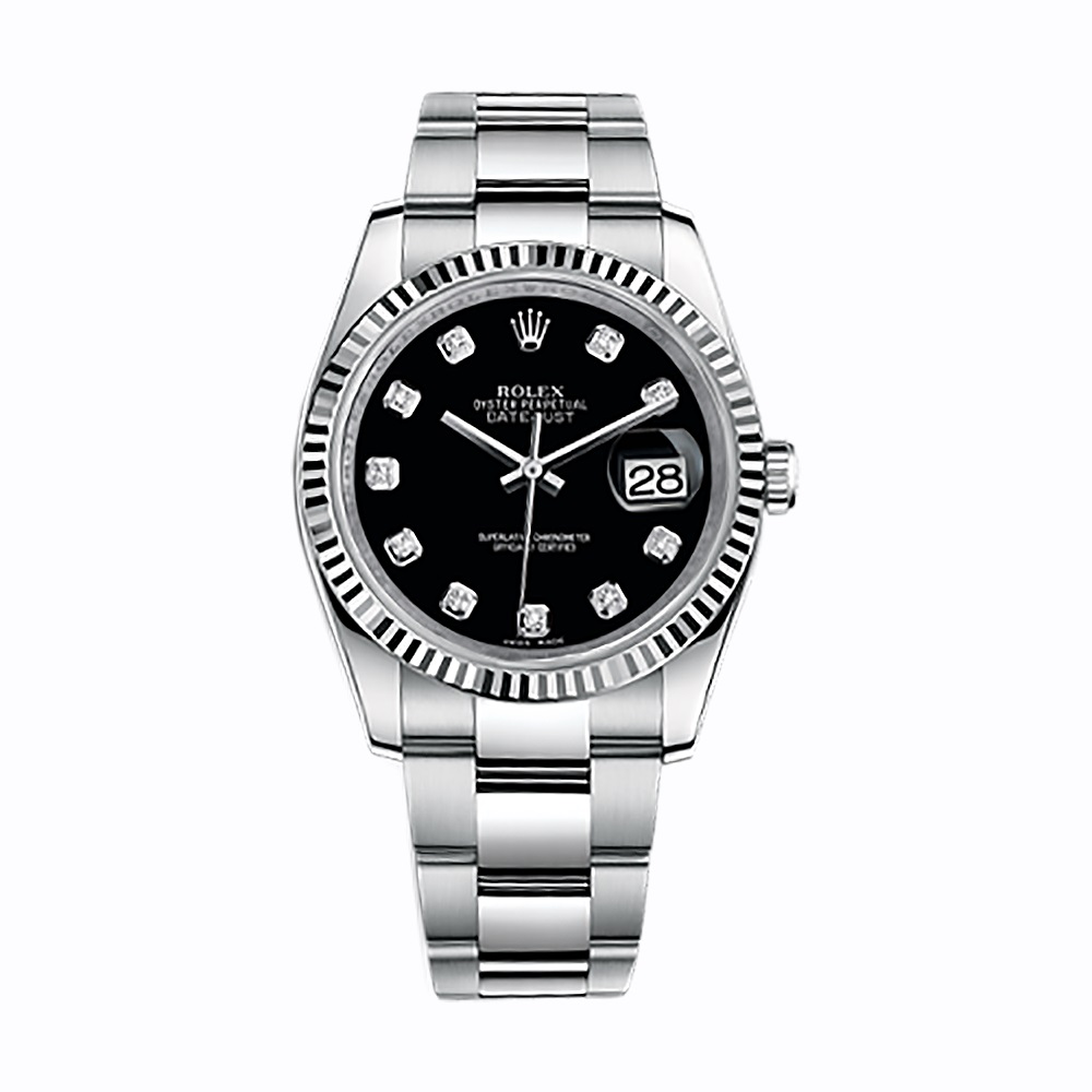 Datejust 36 116234 White Gold & Stainless Steel Watch (Black Set with Diamonds) - Click Image to Close