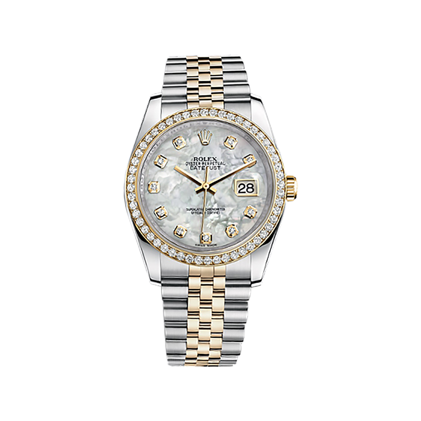 Datejust 36 116243 Gold & Stainless Steel Watch (White Mother-of-Pearl Set with Diamonds) - Click Image to Close