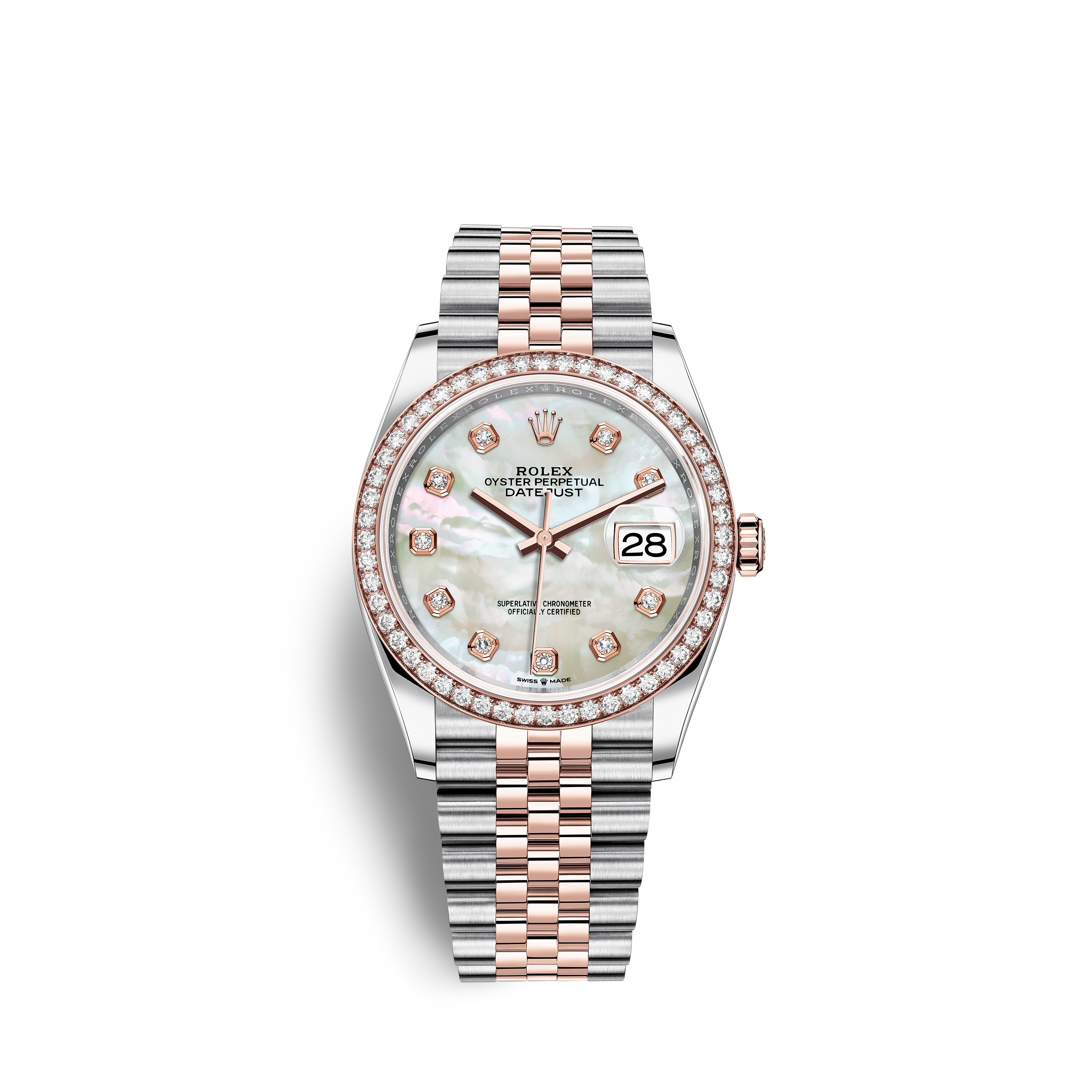 Datejust 36 126281RBR Rose Gold & Stainless Steel Watch (White Mother-of-Pearl Set with Diamonds)