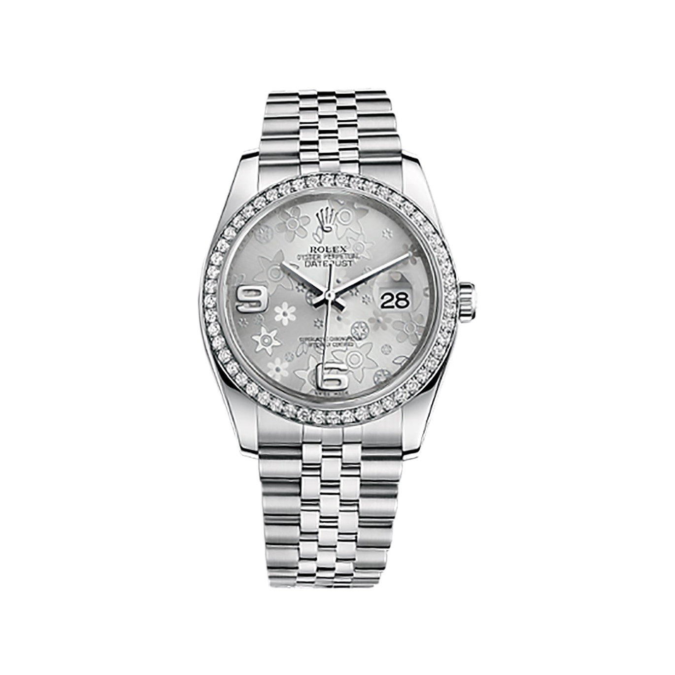 Datejust 36 116244 White Gold & Stainless Steel Watch (Silver Floral Motif) - Click Image to Close