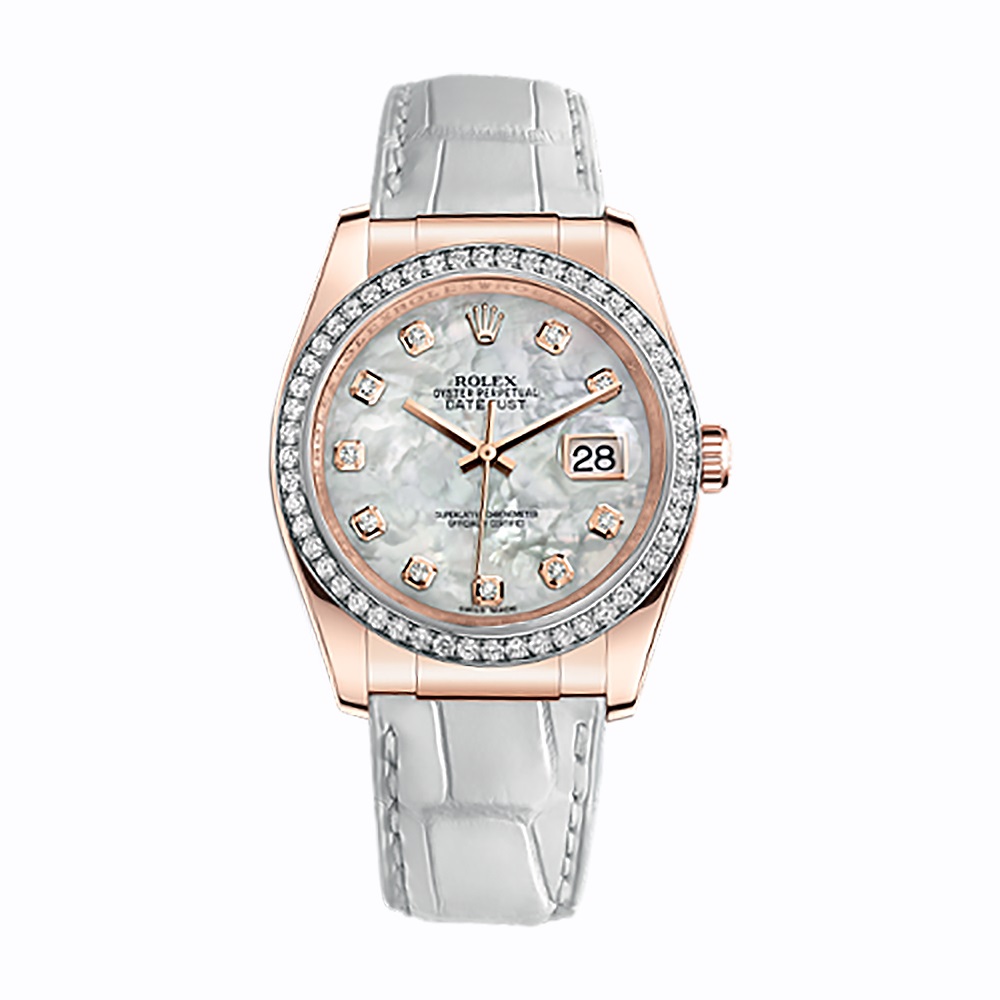Datejust 36 116185 Rose Gold Watch (White Mother-of-Pearl Set with Diamonds) - Click Image to Close