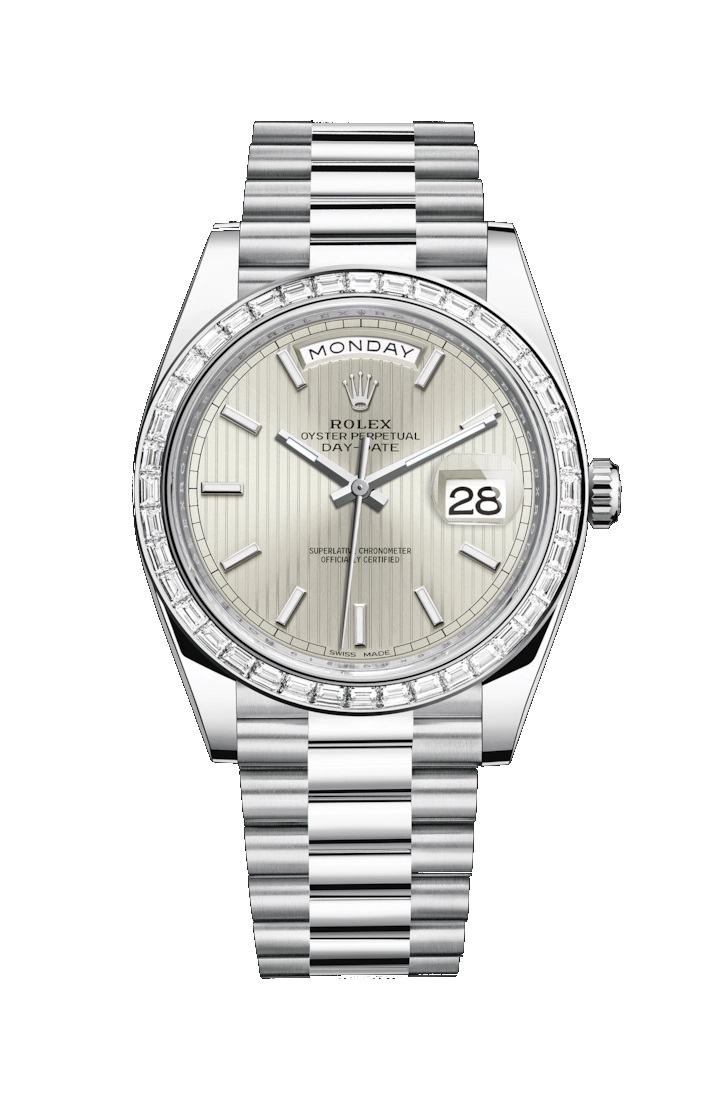 Day-Date 40 228396TBR Platinum & Diamonds Watch (Silver, Stripe Motif)