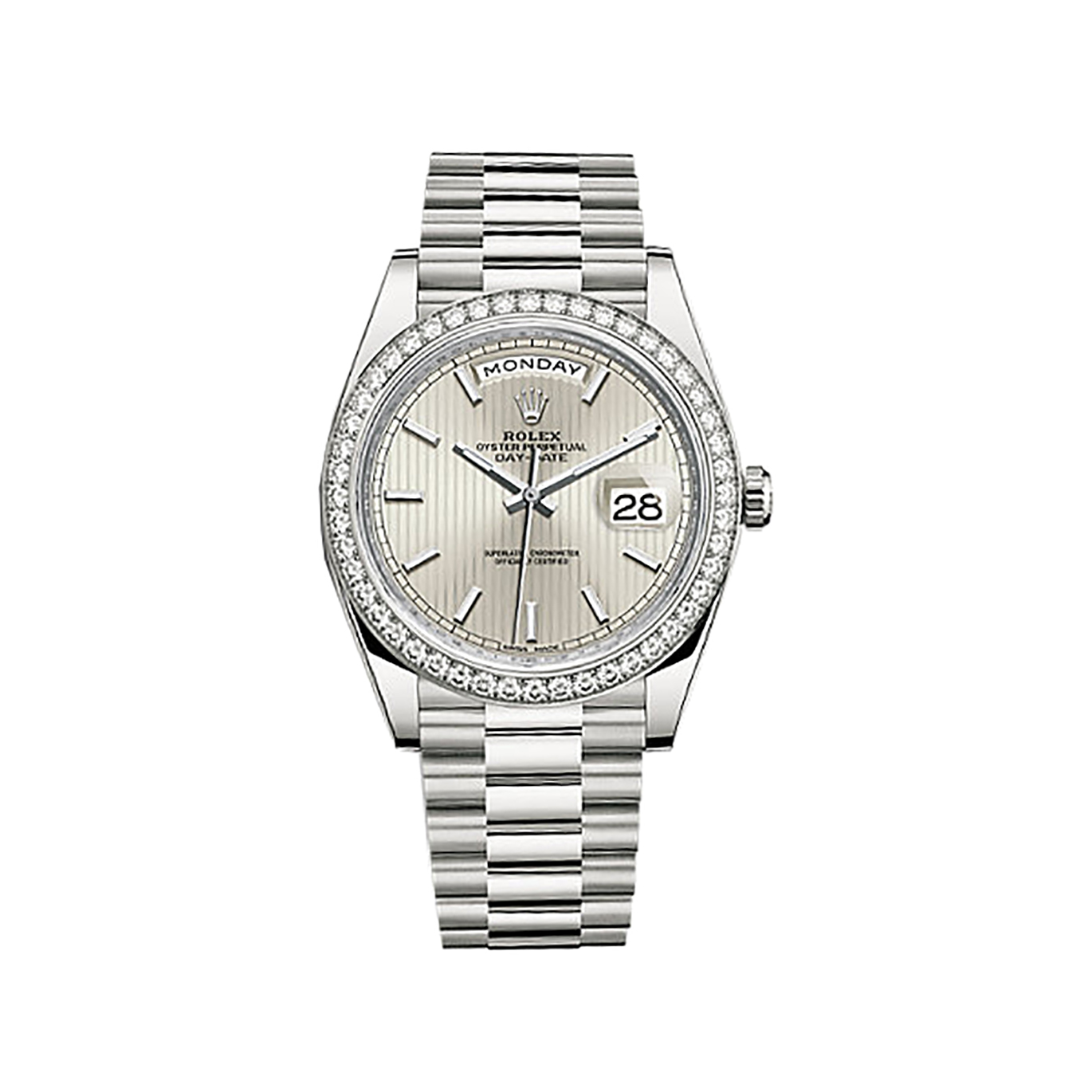 Day-Date 40 228349RBR White Gold & Diamonds Watch (Silver, Stripe Motif)