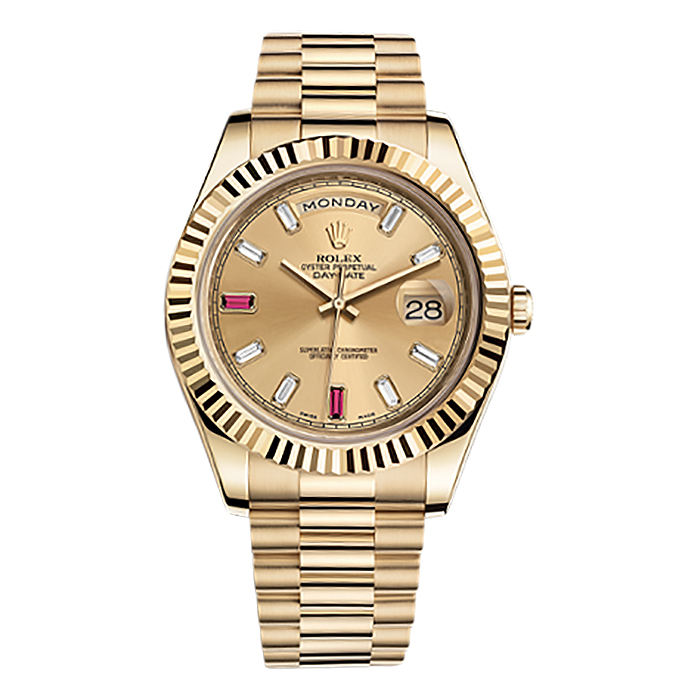 Day-Date II 218238 Gold Watch (Champagne Set with Diamonds And Rubies)