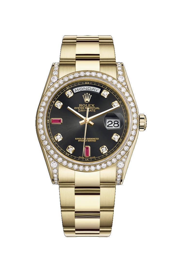 Day-Date 36 118388 Gold & Diamonds Watch (Black Set with Diamonds & Rubies)