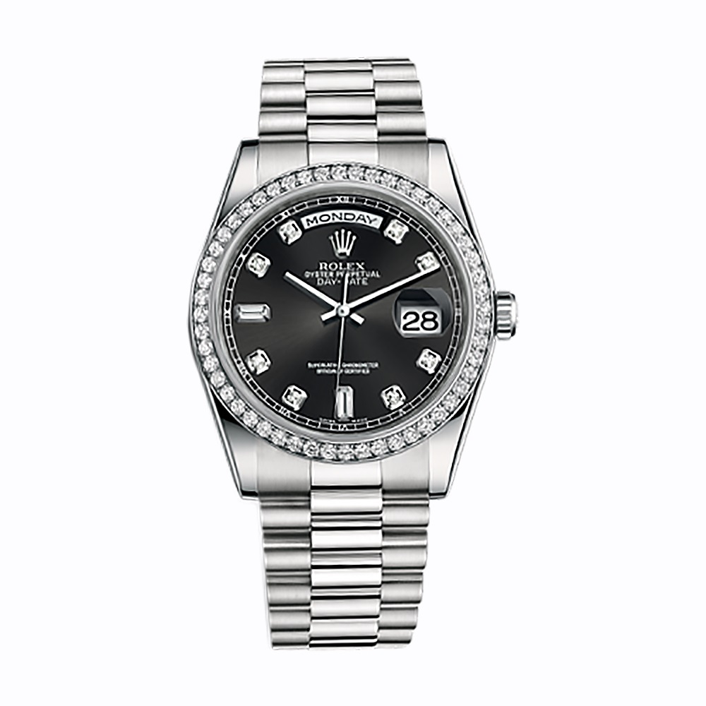 Day-Date 36 118346 Platinum Watch (Black Set with Diamonds) - Click Image to Close