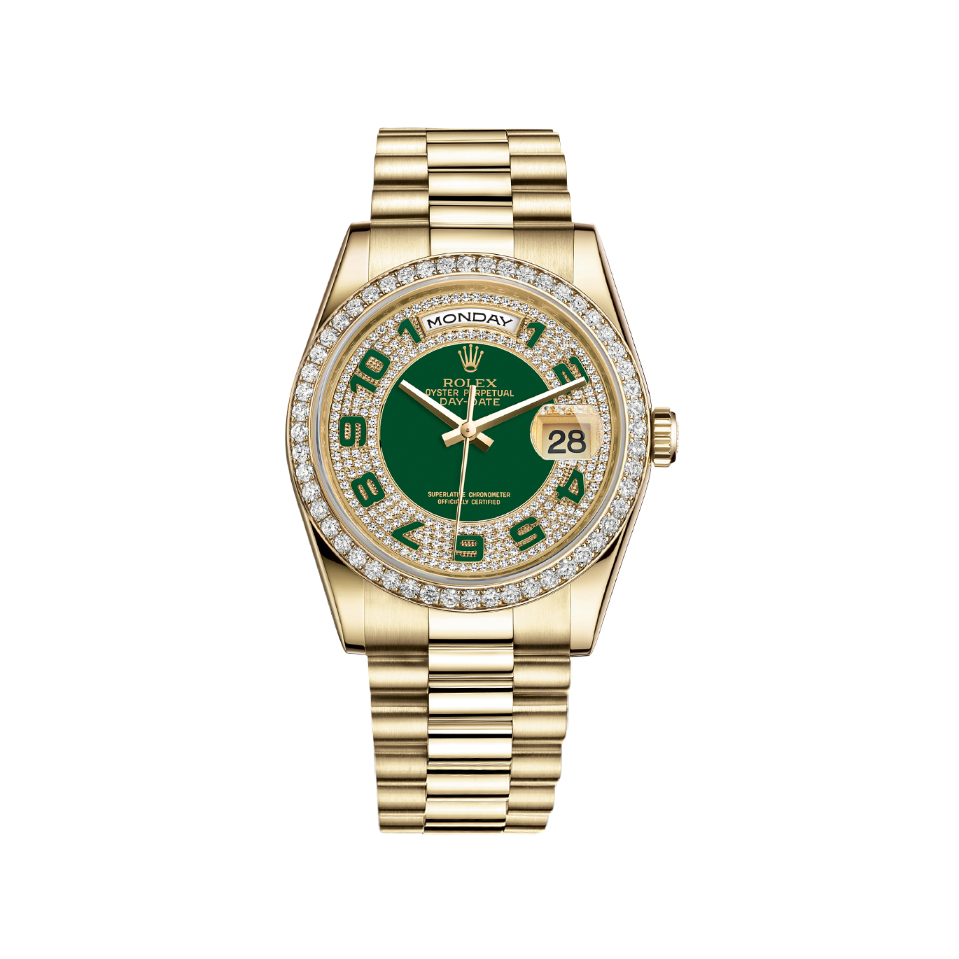 Day-Date 36 118348 Gold Watch (Green Diamond Paved)