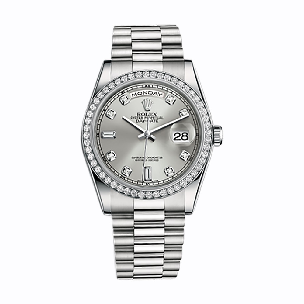 Day-Date 36 118346 Platinum Watch (Silver Set with Diamonds) - Click Image to Close