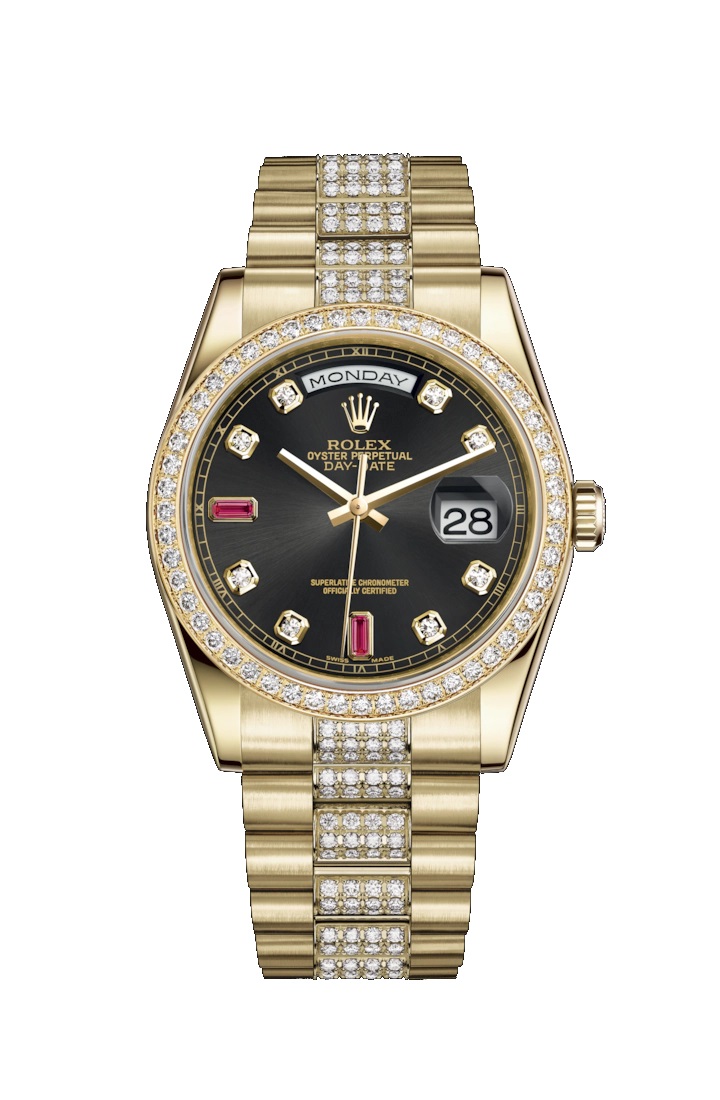 Day-Date 36 118348 Gold & Diamonds Watch (Black Set with Diamonds and Rubies)