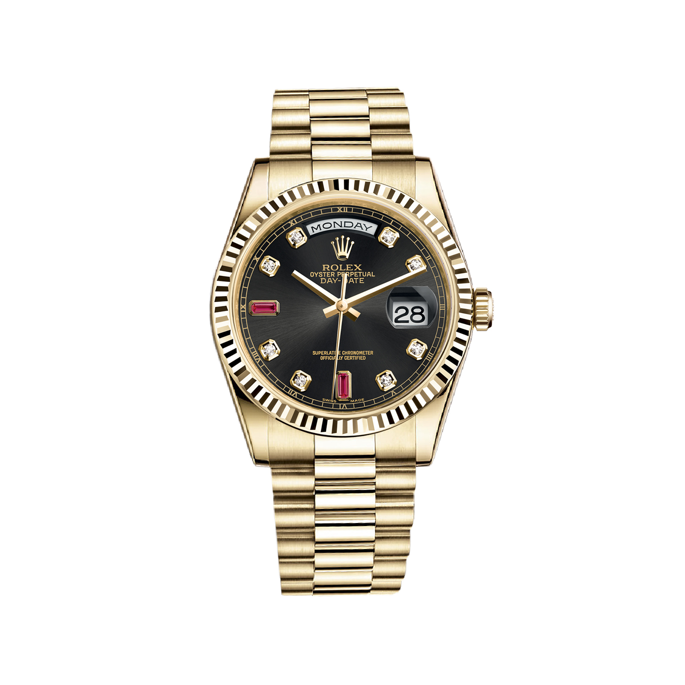 Day-Date 36 118238 Gold Watch (Black Set with Diamonds And Rubies)