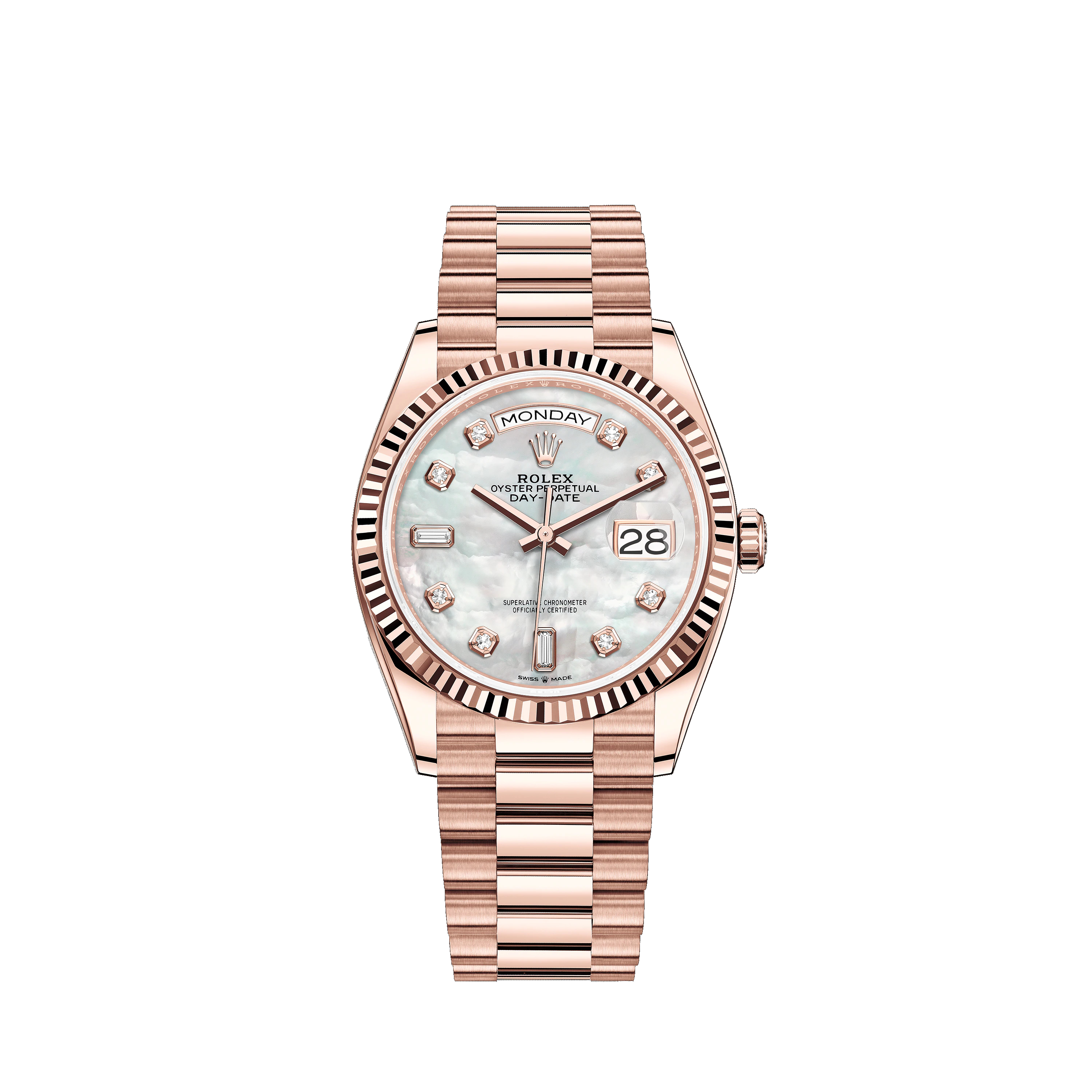 Day-Date 36 128235 Rose Gold Watch (White Mother-of-Pearl Set with Diamonds)