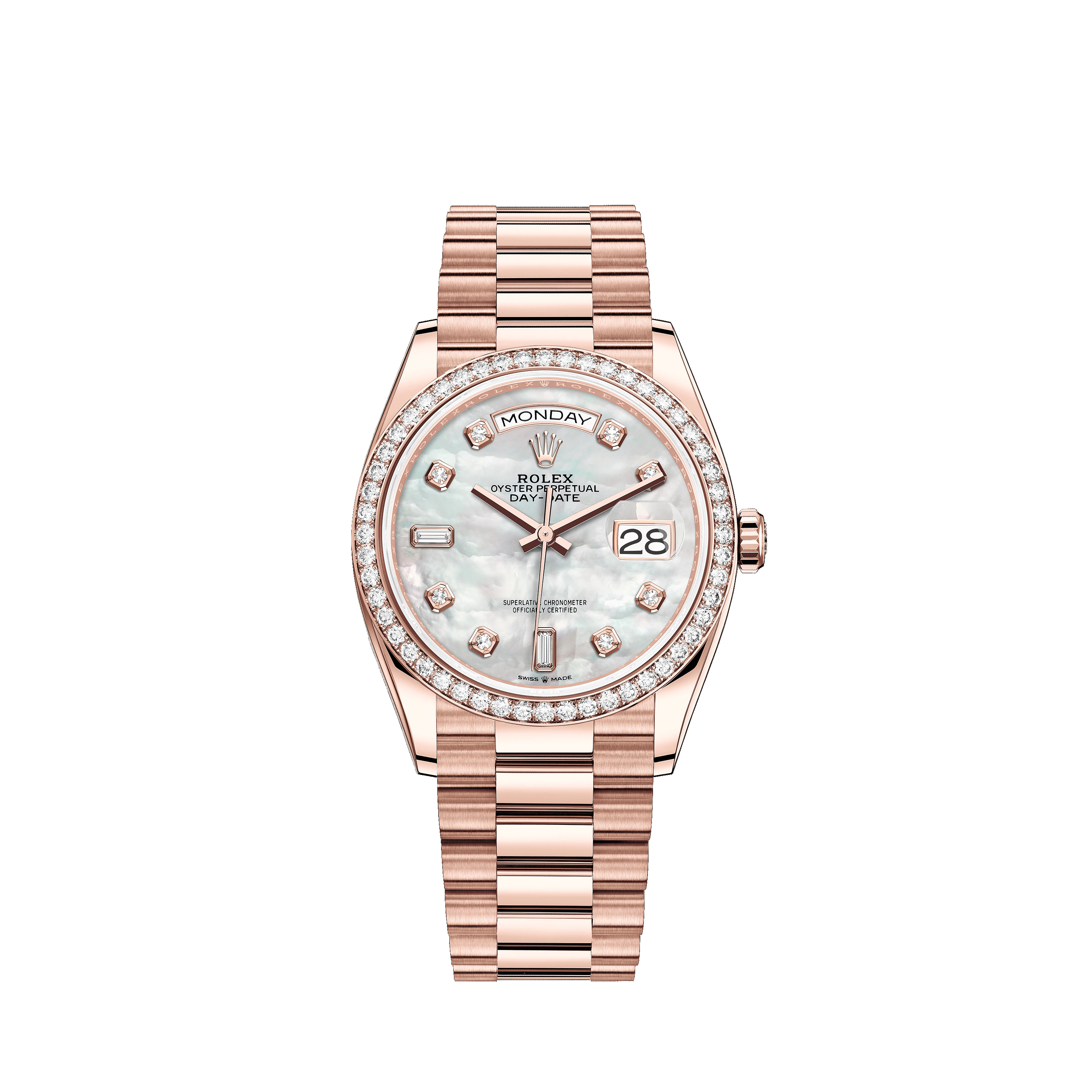 Day-Date 36 128345RBR Rose Gold & Diamonds Watch (White Mother-of-Pearl Set with Diamonds)