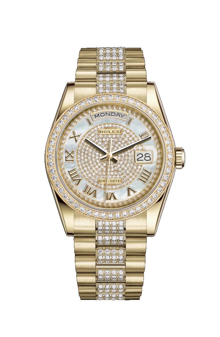 Day-Date 36 118348 Gold & Diamonds Watch (White Mother-Of-Pearl, Diamond Paved)