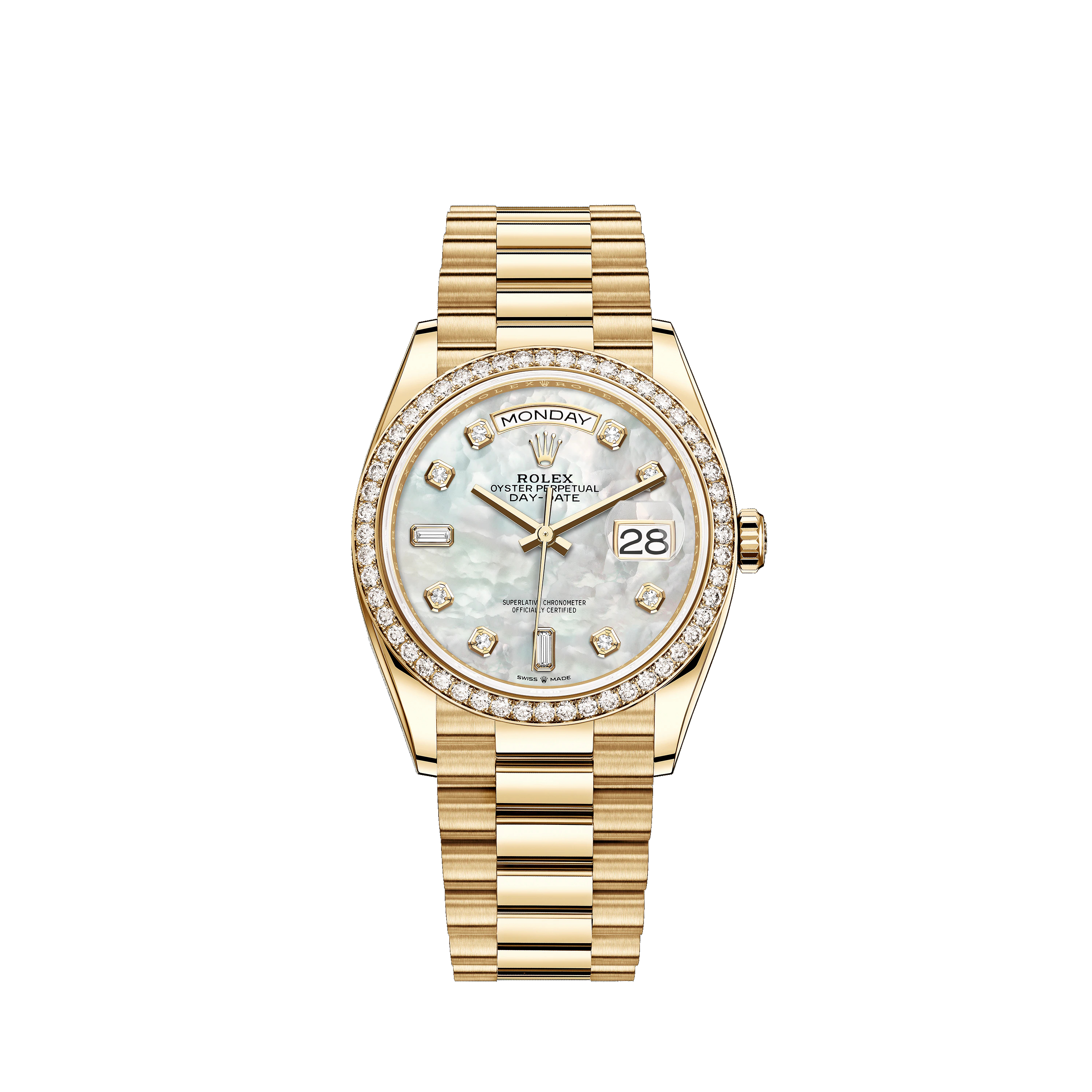 Day-Date 36 128348RBR Gold & Diamonds Watch (White Mother-of-Pearl Set with Diamonds)