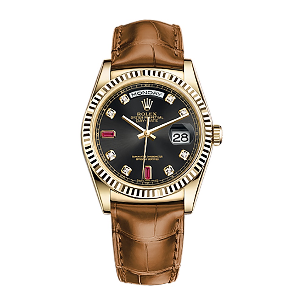 Day-Date 36 118138 Gold Watch (Black Set with Diamonds And Rubies) - Click Image to Close
