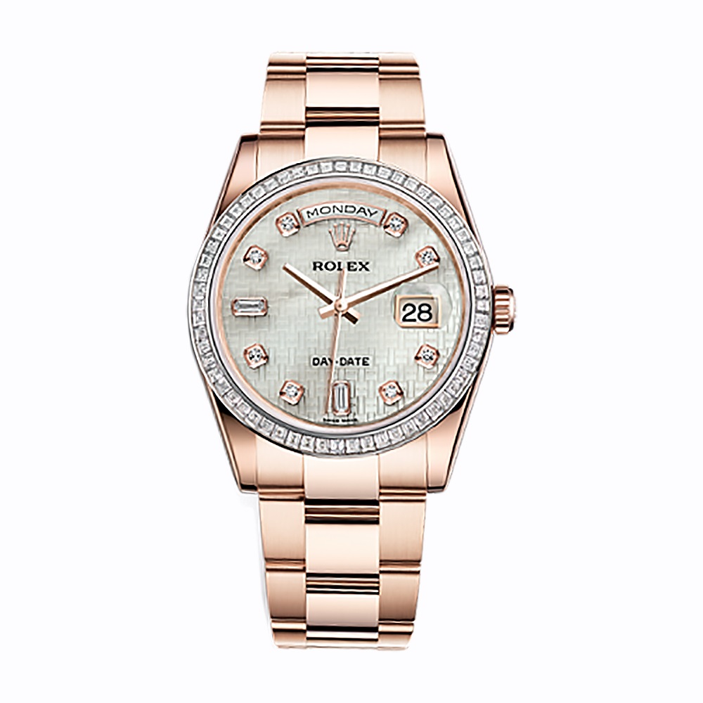 Day-Date 36 118395BR Rose Gold Watch (White Mother-of-Pearl with Oxford Motif Set with Diamonds)