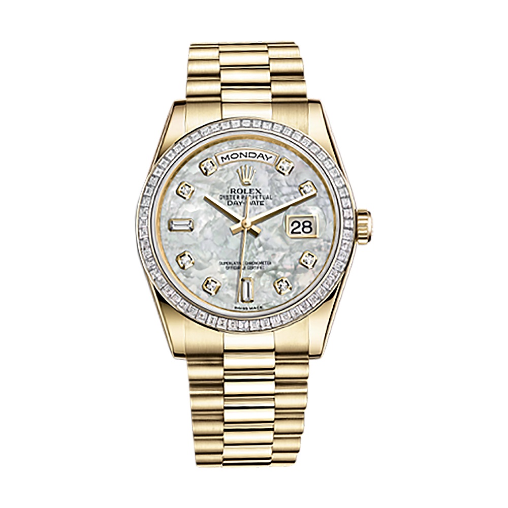 Day-Date 36 118398BR Gold Watch (White Mother-of-Pearl Set with Diamonds)