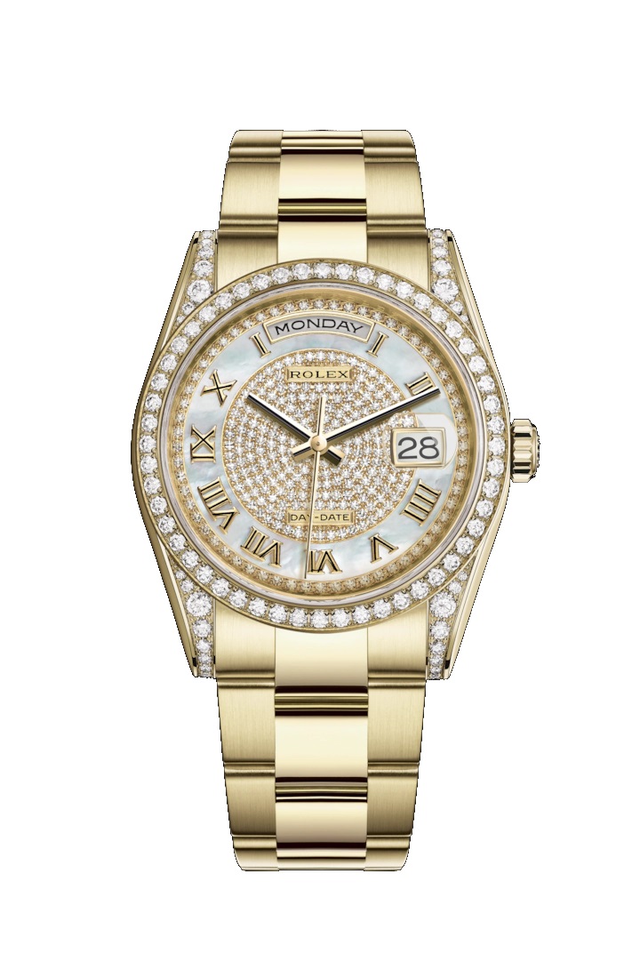 Day-Date 36 118388 Gold & Diamonds Watch (White Mother-Of-Pearl, Diamond Paved)