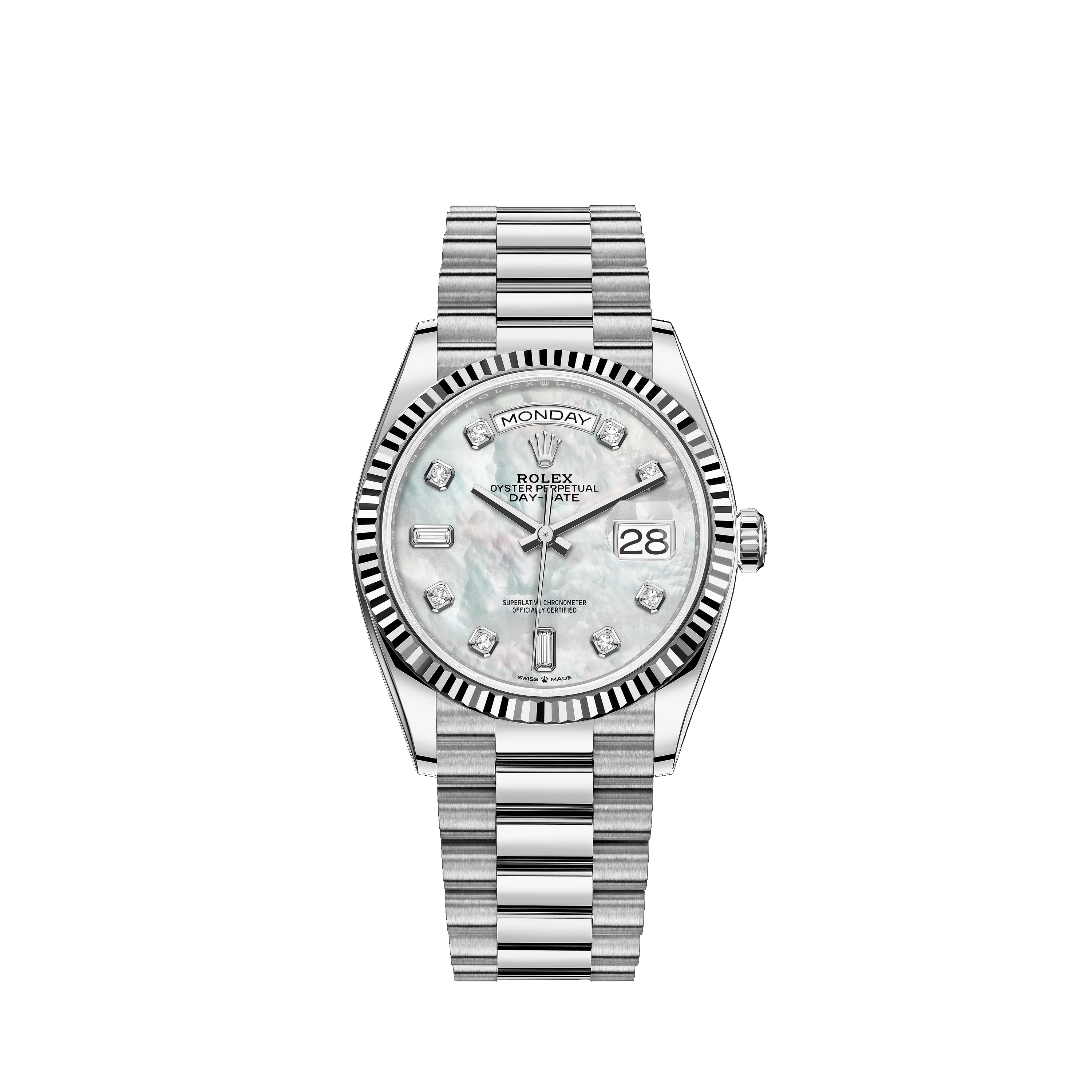 Day-Date 36 128239 White Gold Watch (White Mother-of-Pearl Set with Diamonds)