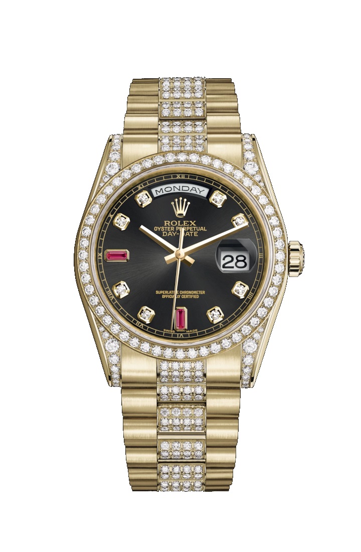 Day-Date 36 118388 Gold & Diamonds Watch (Black Set with Diamonds and Rubies)