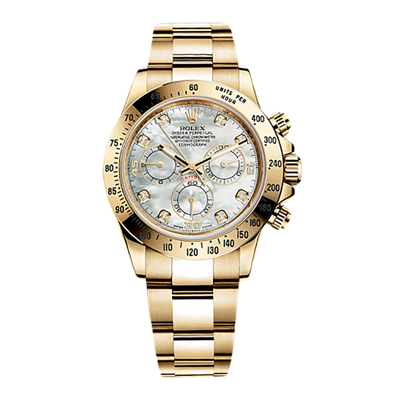 Cosmograph Daytona 116528 Gold Watch (White Mother-of-Pearl Set with Diamonds)