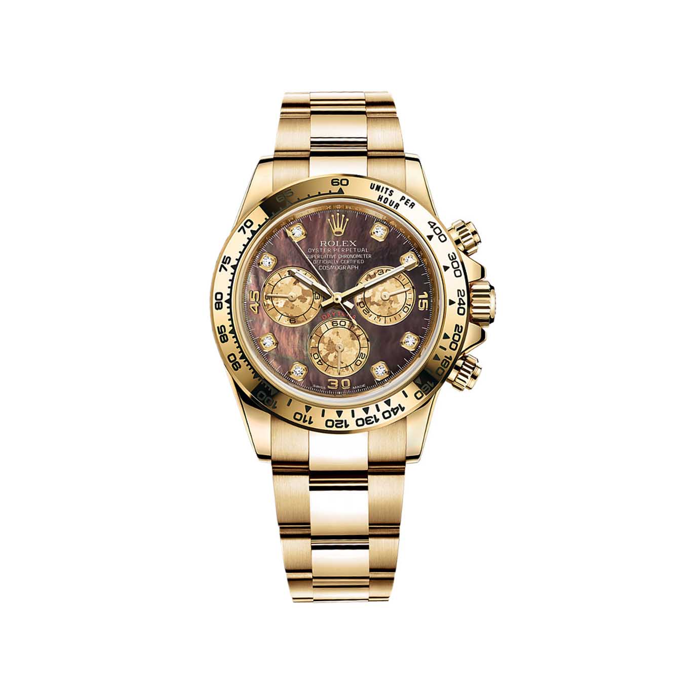 Cosmograph Daytona 116528 Gold Watch (Black Mother-of-Pearl Set with Diamonds)