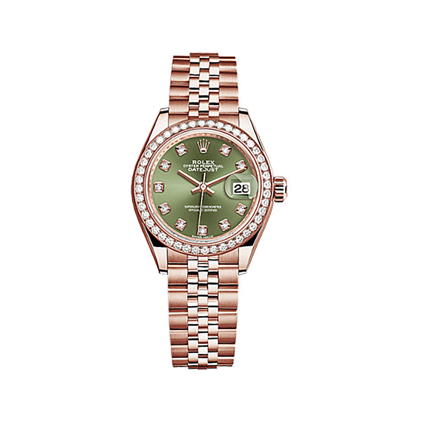 Lady-Datejust 28 279135RBR Rose Gold & Diamonds Watch (Olive Green Set with Diamonds) - Click Image to Close