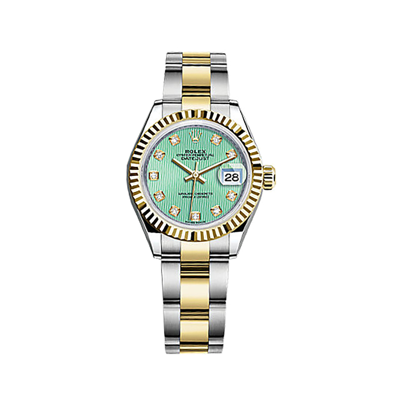 Lady-Datejust 28 279173 Gold & Stainless Steel Watch (Mint Green Set with Diamonds)