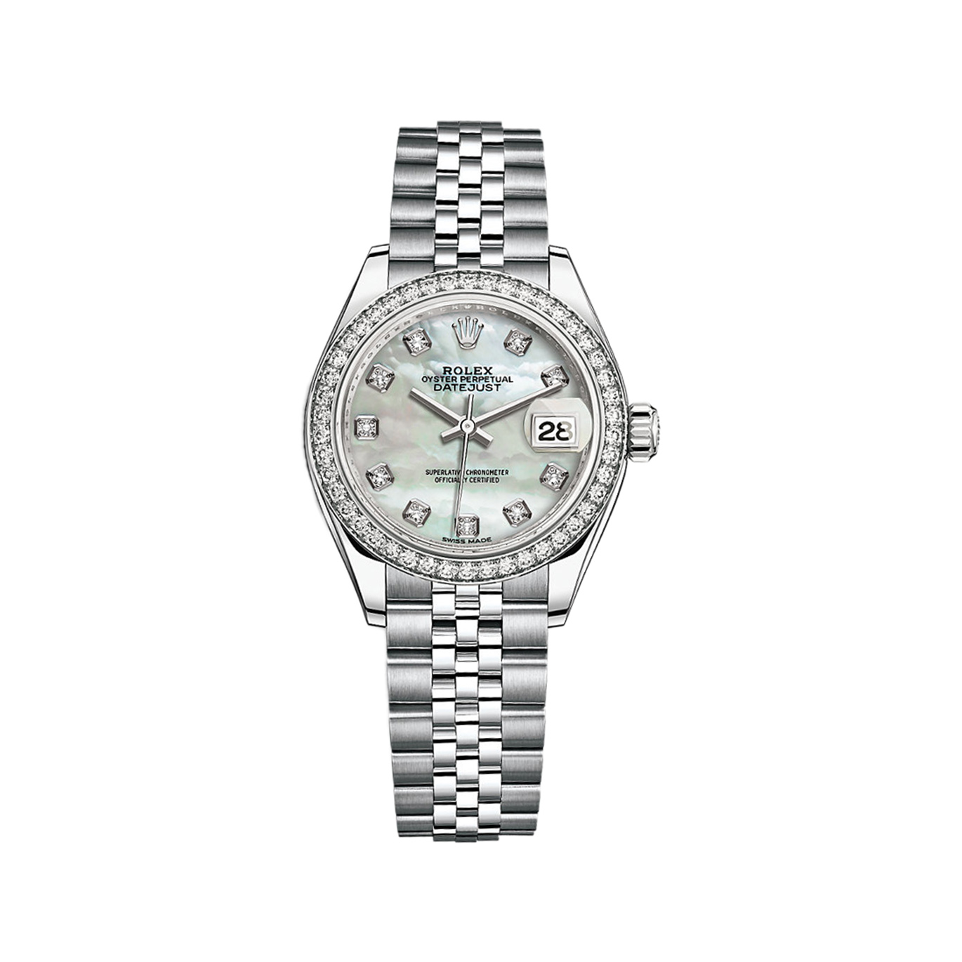 Lady-Datejust 28 279384RBR White Gold & Stainless Steel Watch (White Mother-of-Pearl Set with Diamonds)