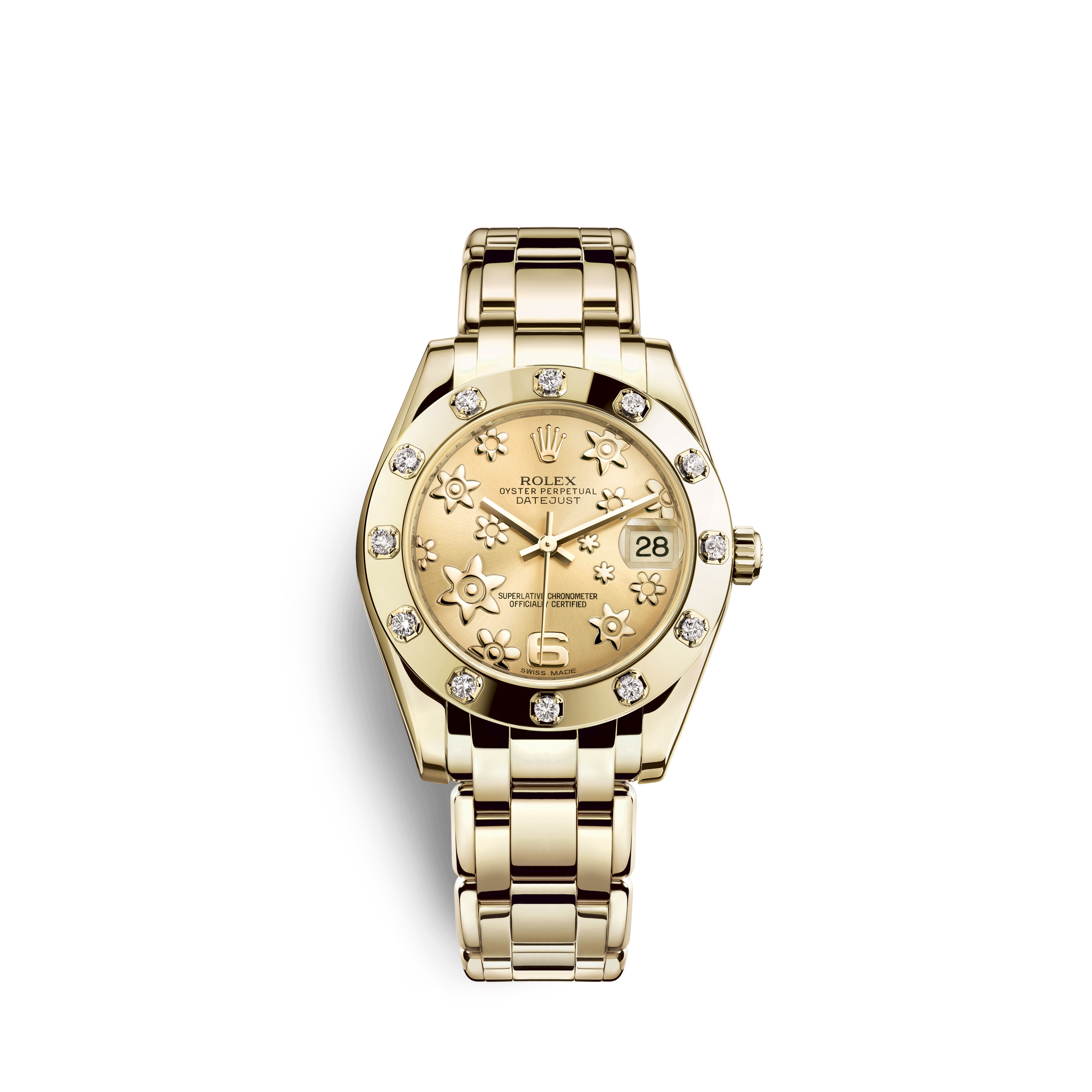 Pearlmaster 34 81318 Gold & Diamonds Watch (Champagne-Colour, Raised Floral Motif)