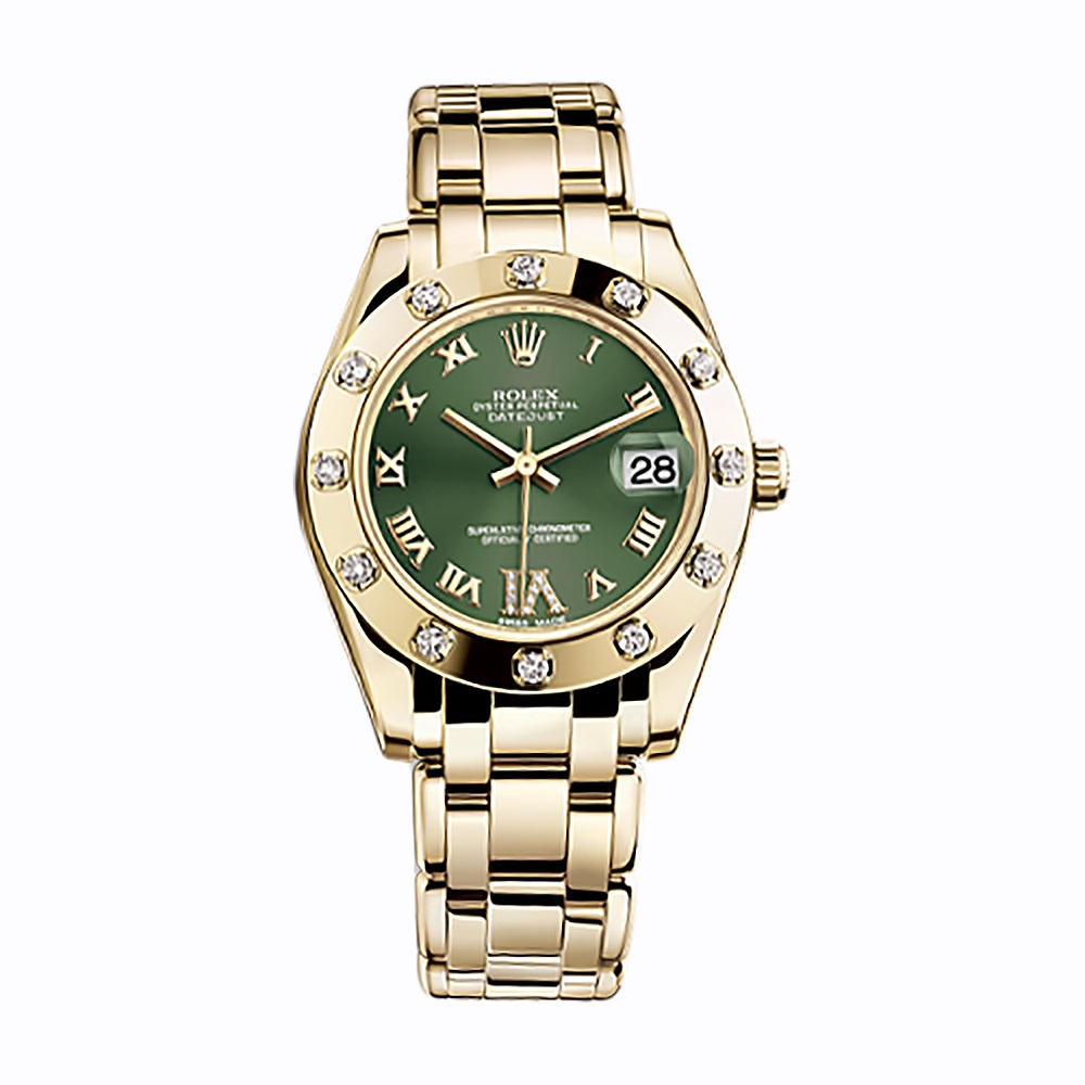 Pearlmaster 34 81318 Gold Watch (Olive Green Set with Diamonds) - Click Image to Close