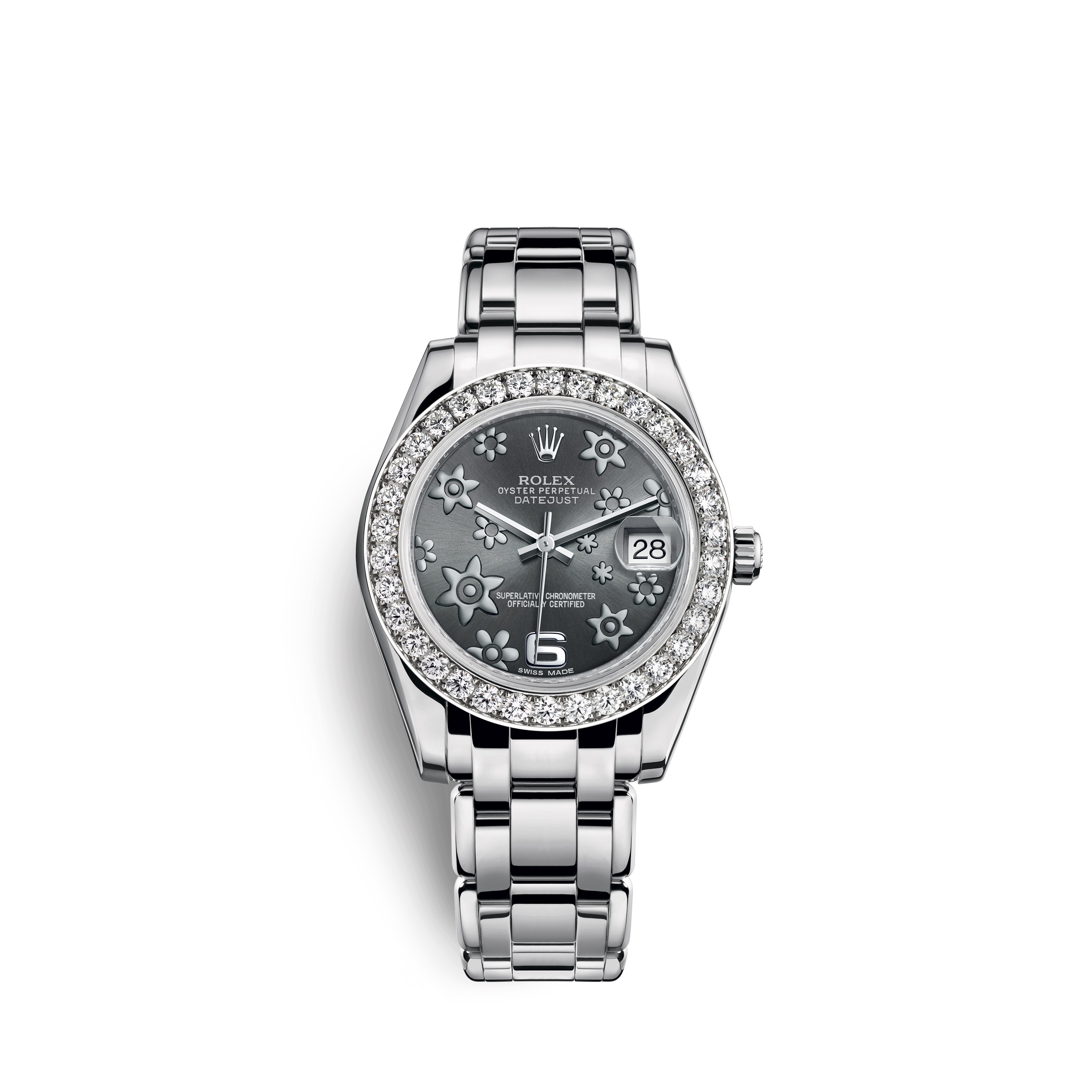 Pearlmaster 34 81299 White Gold & Diamonds Watch (Dark Rhodium, Raised Floral Motif)
