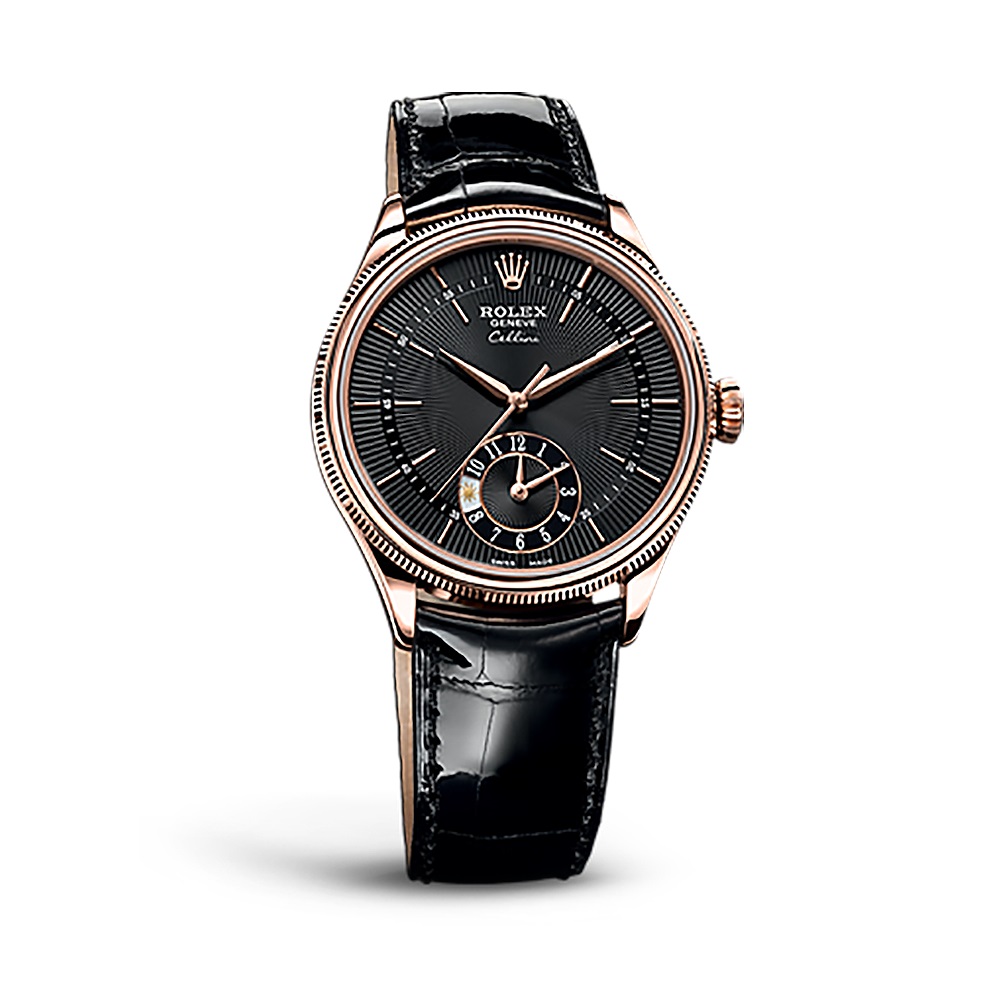 Cellini Dual Time 50525 Rose Gold Watch (Black Guilloche)