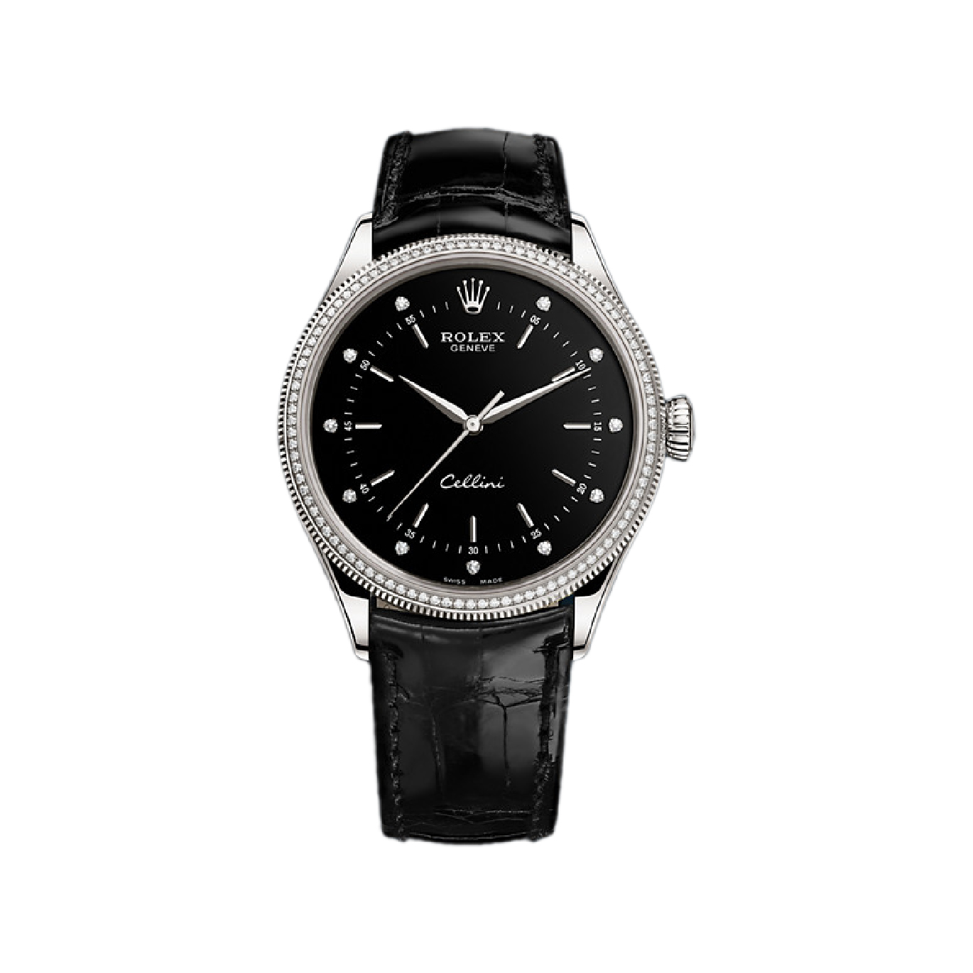 Cellini Time 50609RBR White Gold Watch (Black Set with Diamonds)