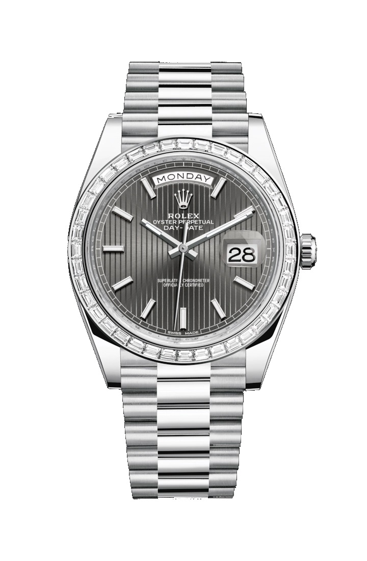 Day-Date 40 228396TBR Platinum & Diamonds Watch (Dark Rhodium, Stripe Motif)
