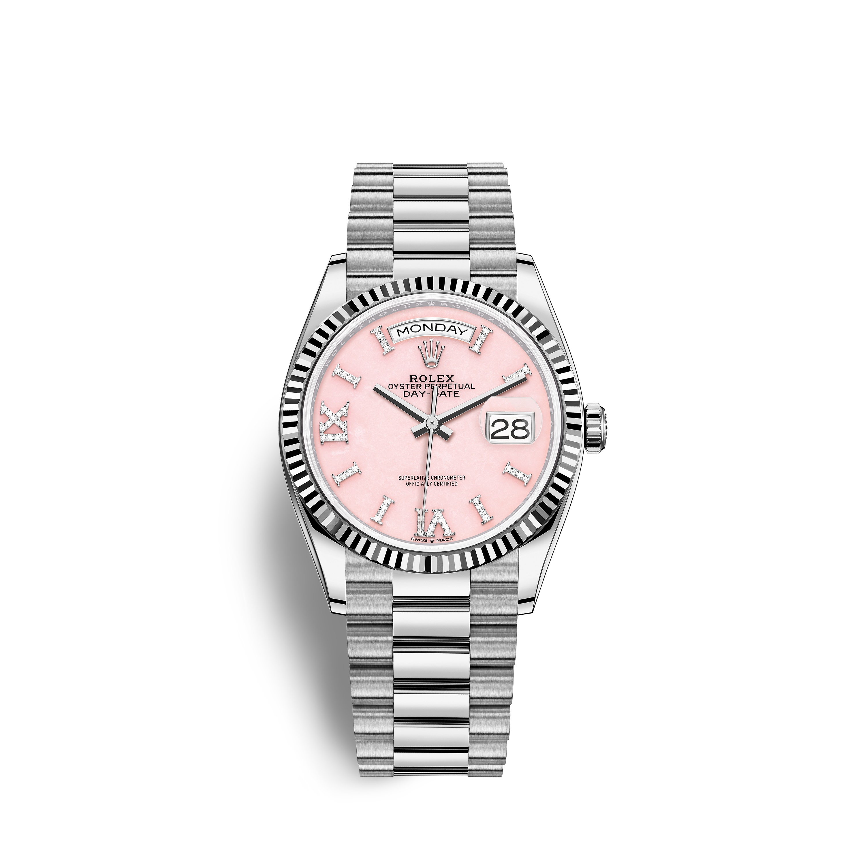 Day-Date 36 128239 White Gold Watch (Pink Opal Set with Diamonds)