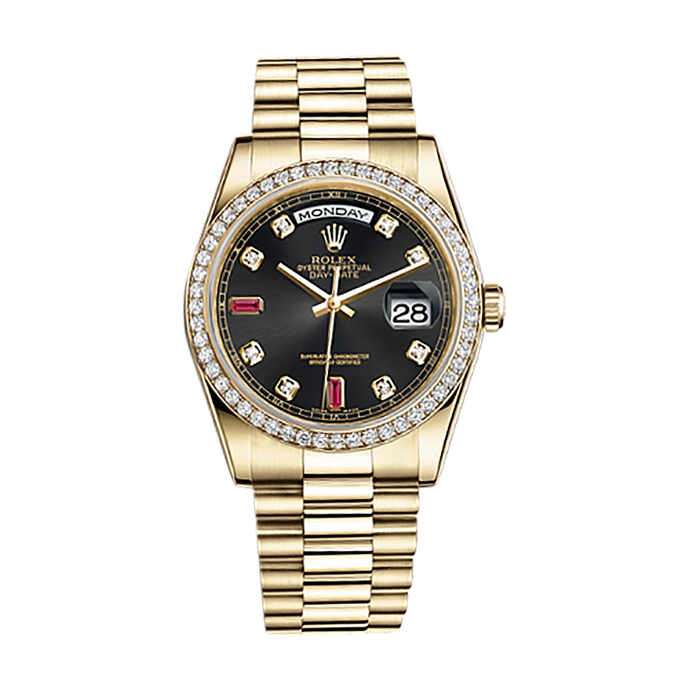 Day-Date 36 118348 Gold Watch (Black Set with Diamonds And Rubies)