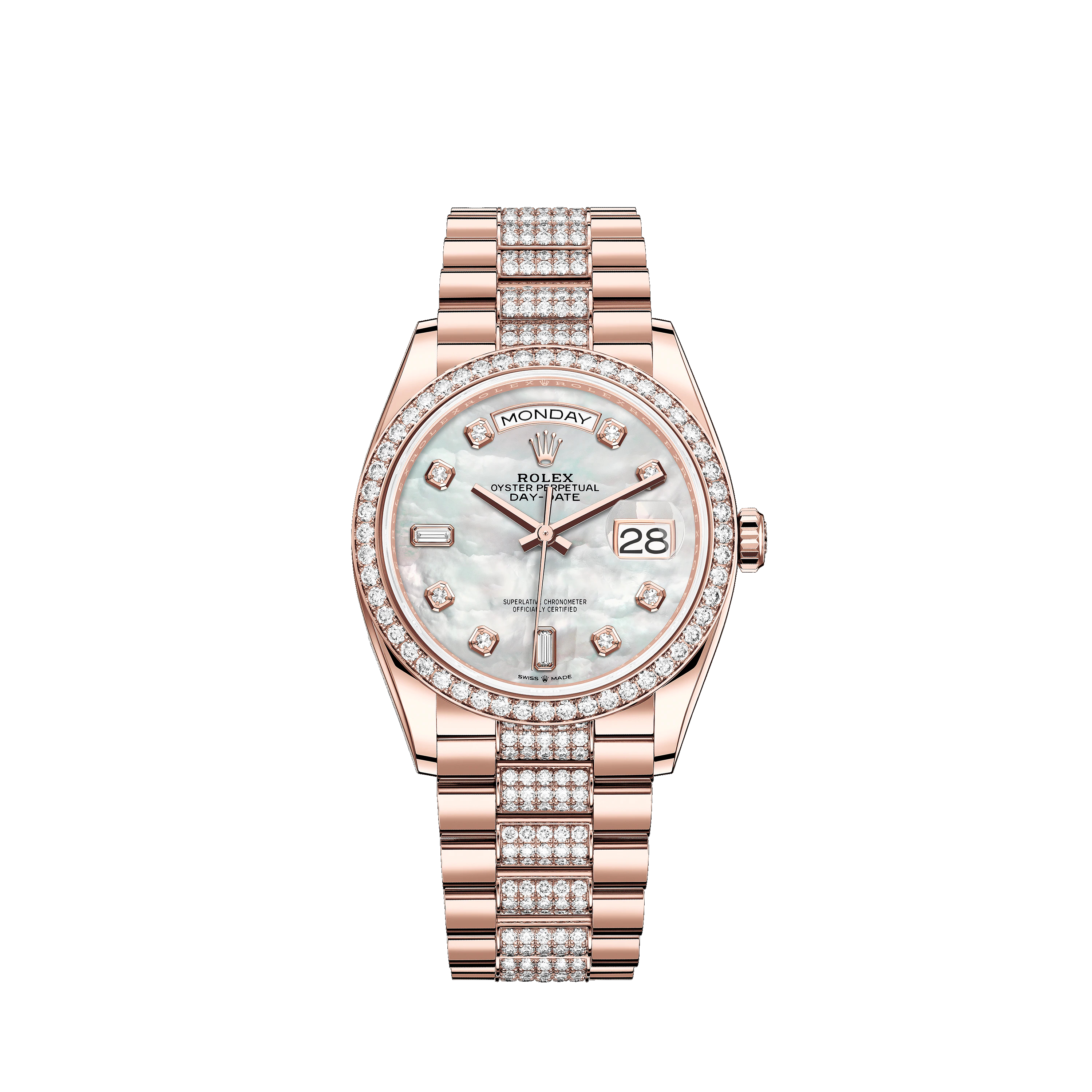 Day-Date 36 128345RBR Rose Gold & Diamonds Watch (White Mother-of-Pearl Set with Diamonds)