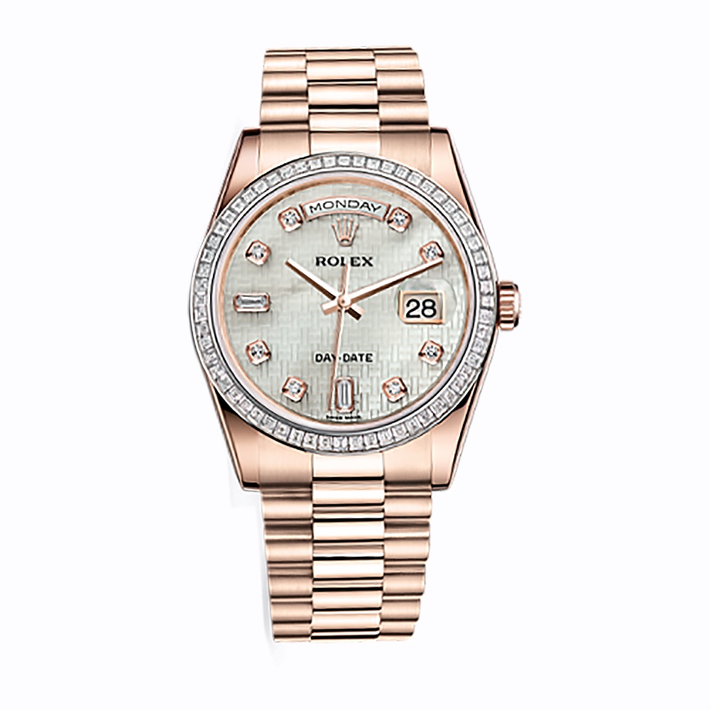 Day-Date 36 118395BR Rose Gold Watch (White Mother-of-Pearl with Oxford Motif Set with Diamonds)